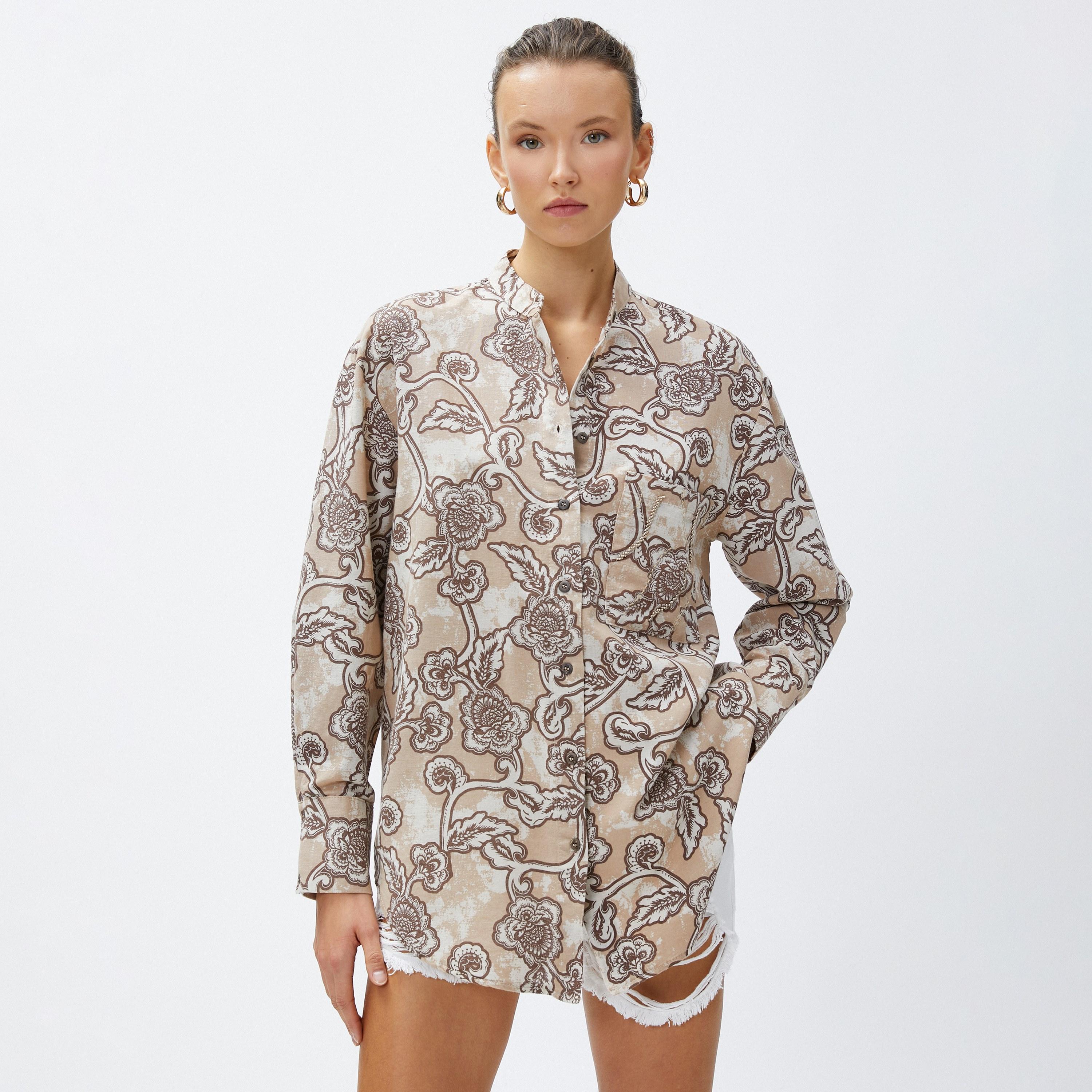 قميص نسائي كتان بطبعة زهور بيج وياقة ماندارين من كوتون-women-clothing-shirtsandblouses-shirts-image-1