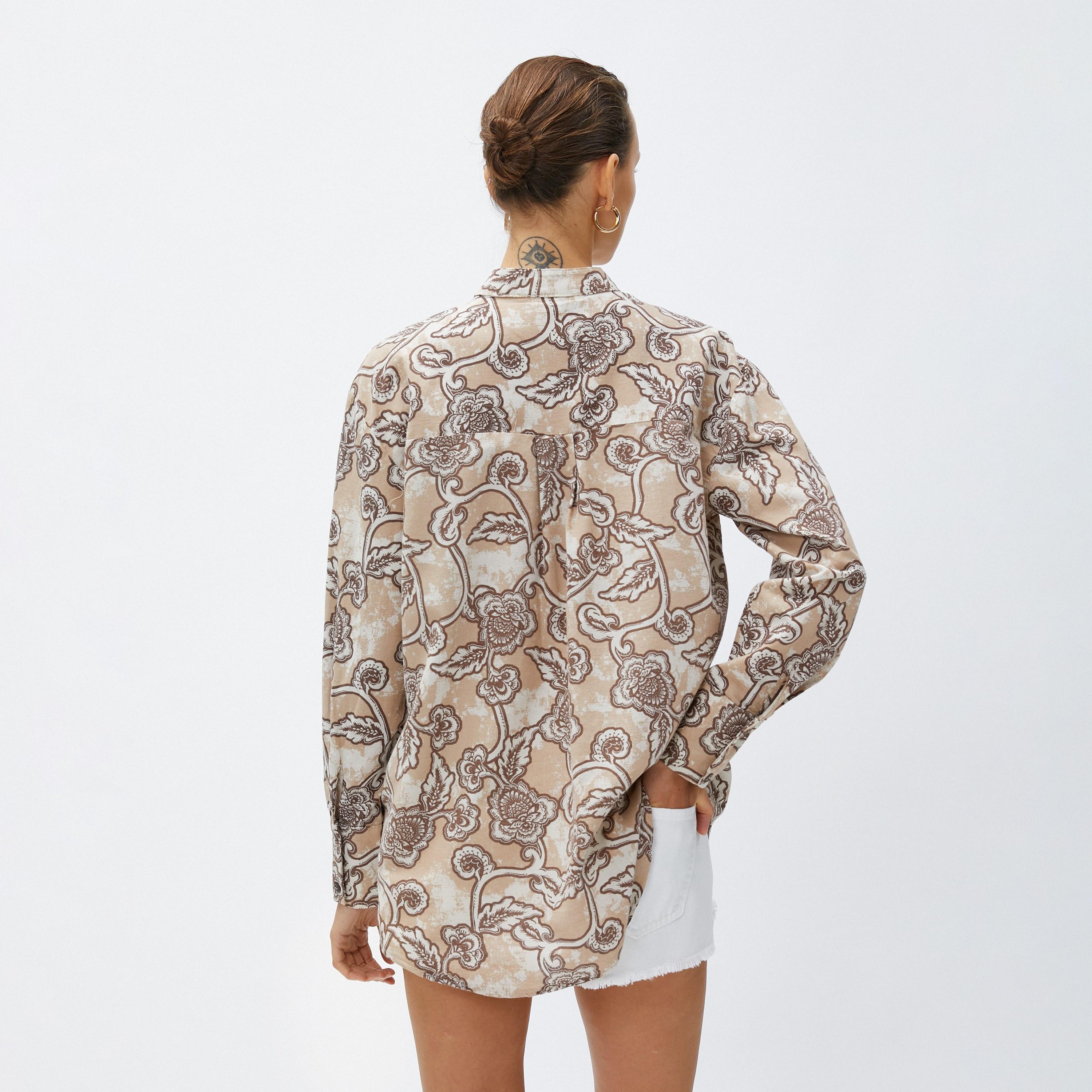 KOTON Beige Floral Print Linen Mandarin Collar Women's Shirt-women-clothing-shirtsandblouses-shirts-image-3