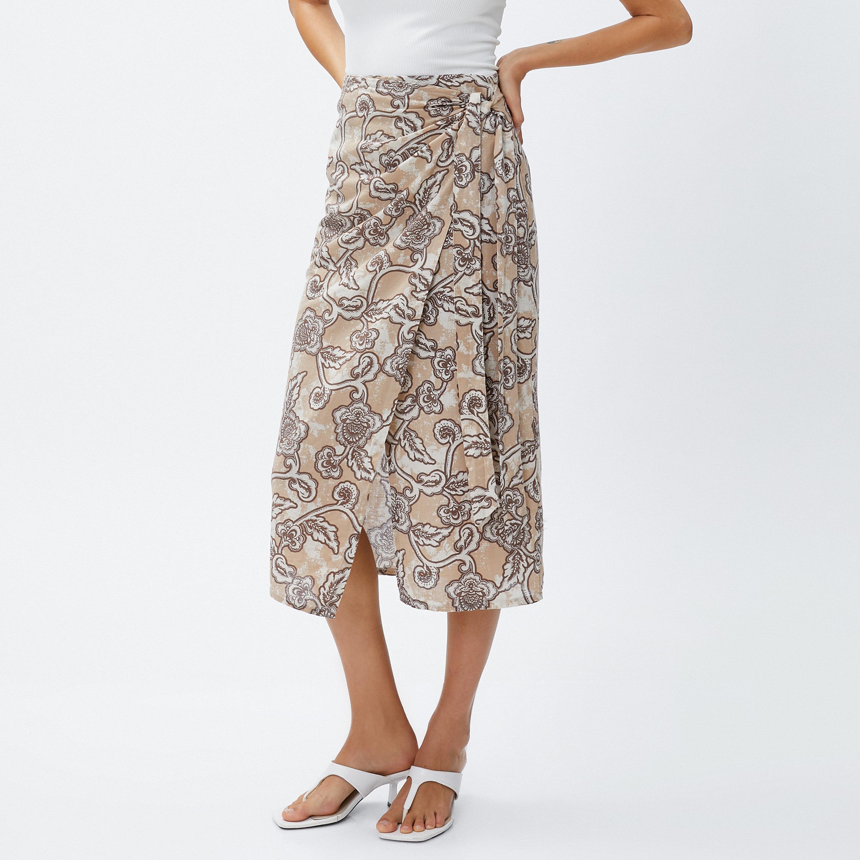 KOTON Brown Floral Vine Print Linen Wrap Women's Skirt-women-clothing-bottoms-skirts-image-3