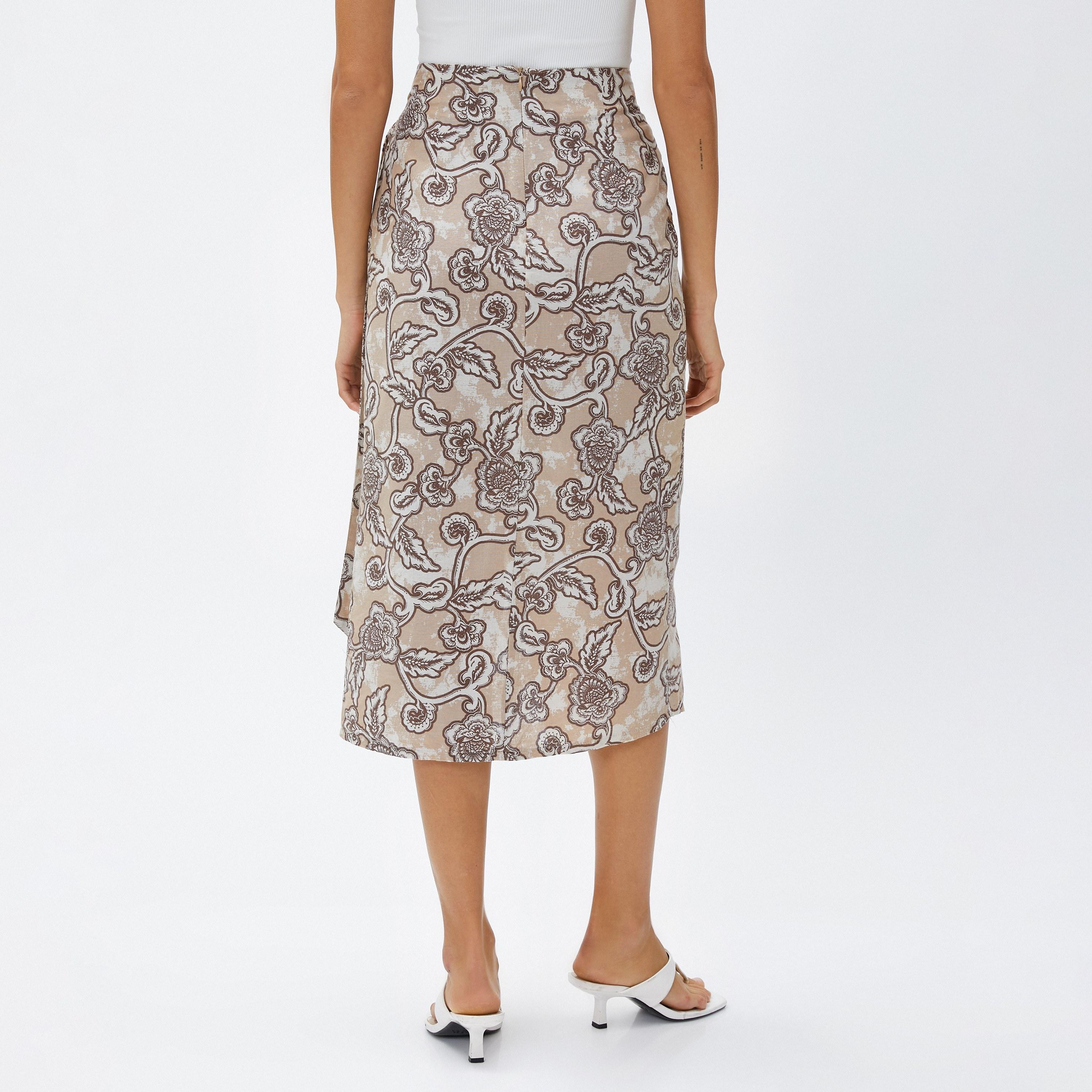 KOTON Brown Floral Vine Print Linen Wrap Women's Skirt-women-clothing-bottoms-skirts-image-4