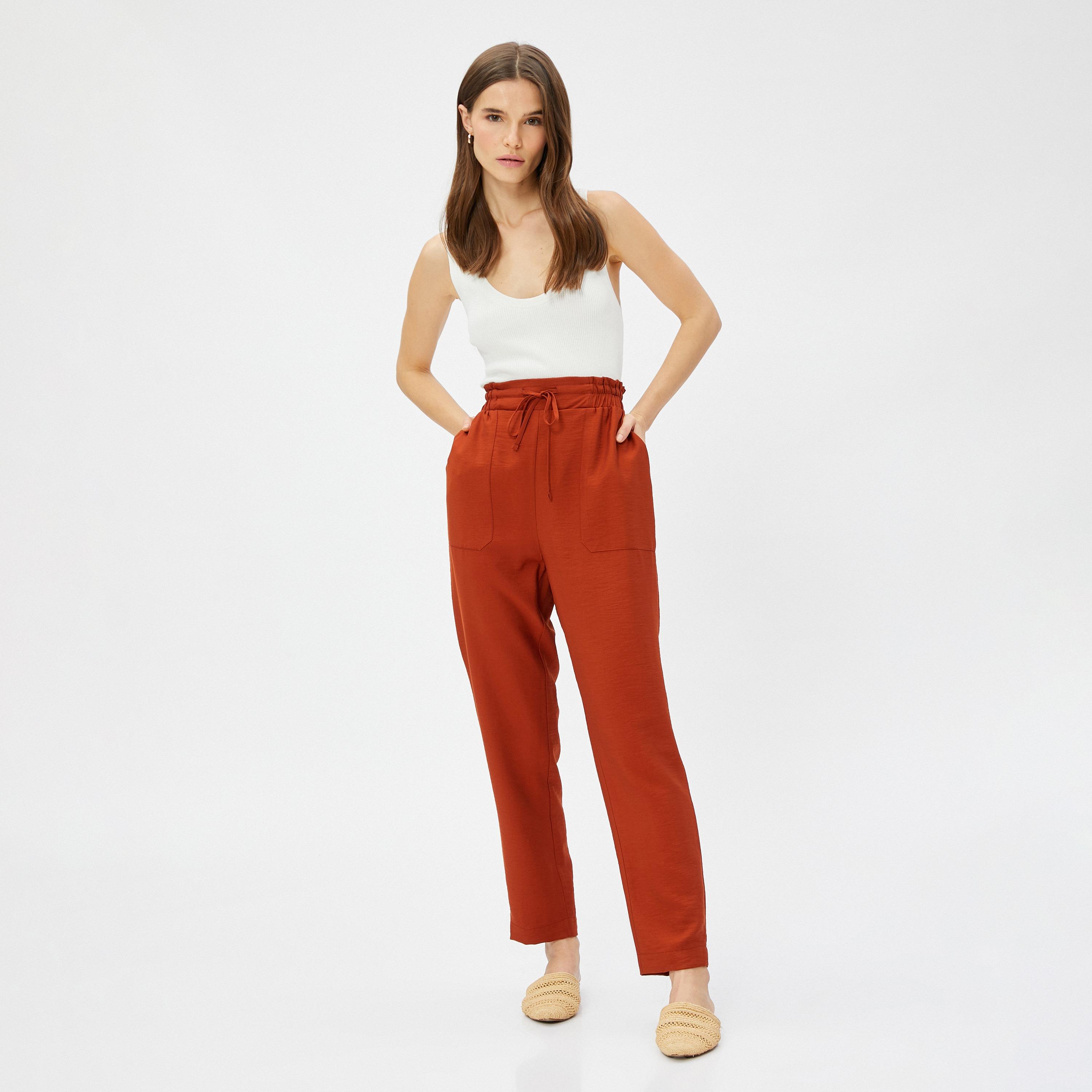 KOTON Red Drawstring Waist Carrot Women's Trousers-women-clothing-bottoms-trousers-image-2