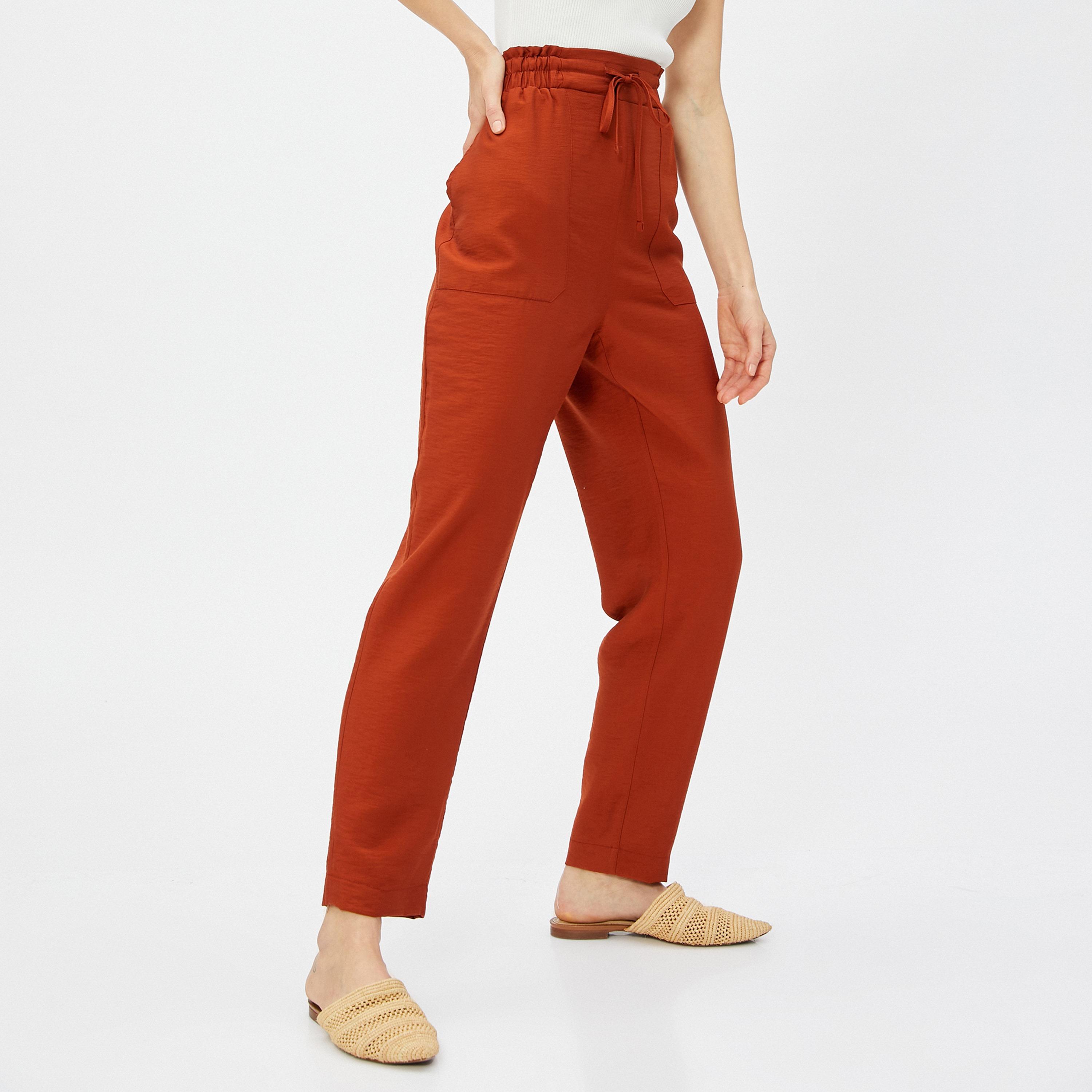 KOTON Red Drawstring Waist Carrot Women's Trousers-women-clothing-bottoms-trousers-image-3