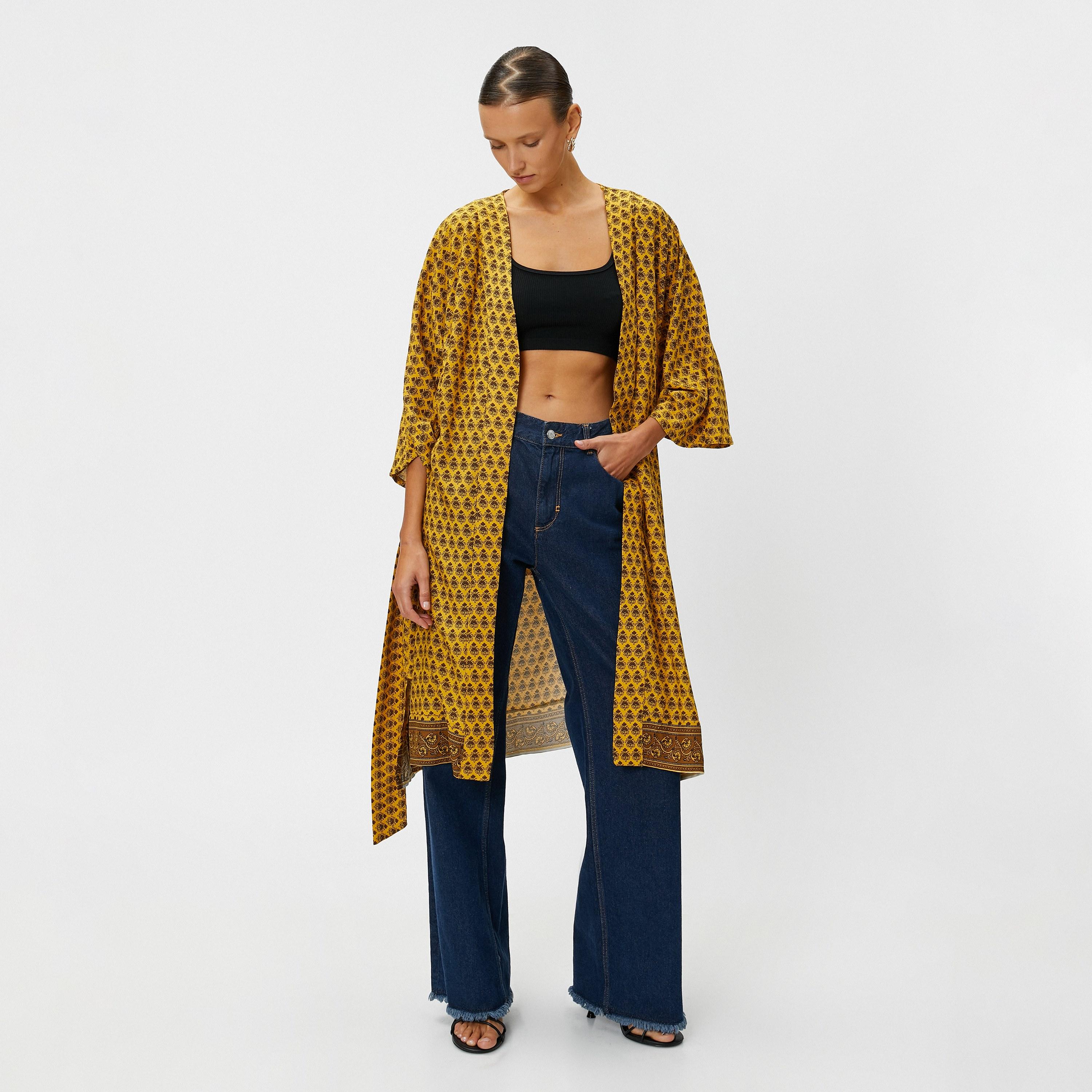 KOTON Yellow Ethnic Floral Print Open-Front Wide Slevees Women's Kimono-women-clothing-shirtsandblouses-blouses-image-1