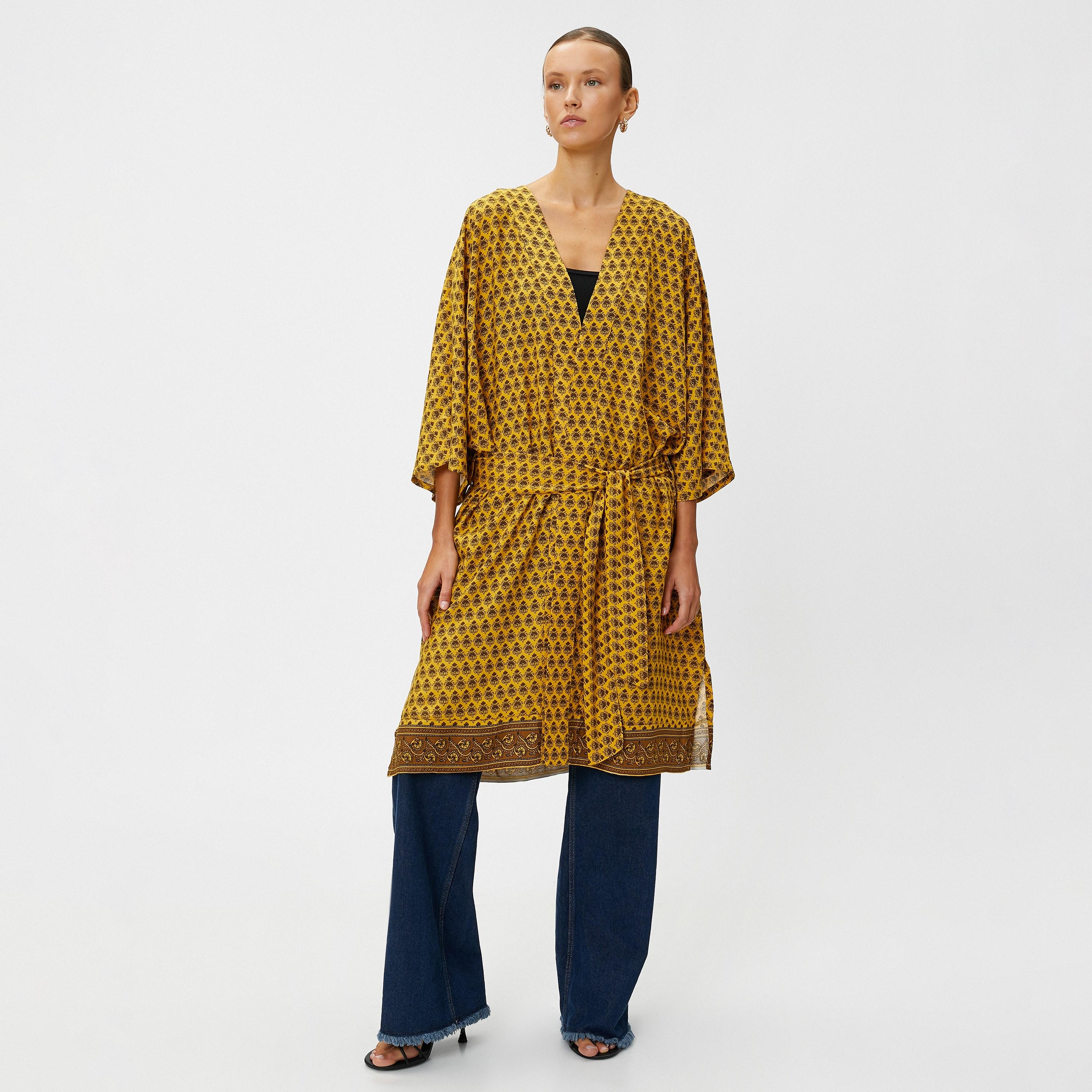KOTON Yellow Ethnic Floral Print Open-Front Wide Slevees Women's Kimono-women-clothing-shirtsandblouses-blouses-image-4