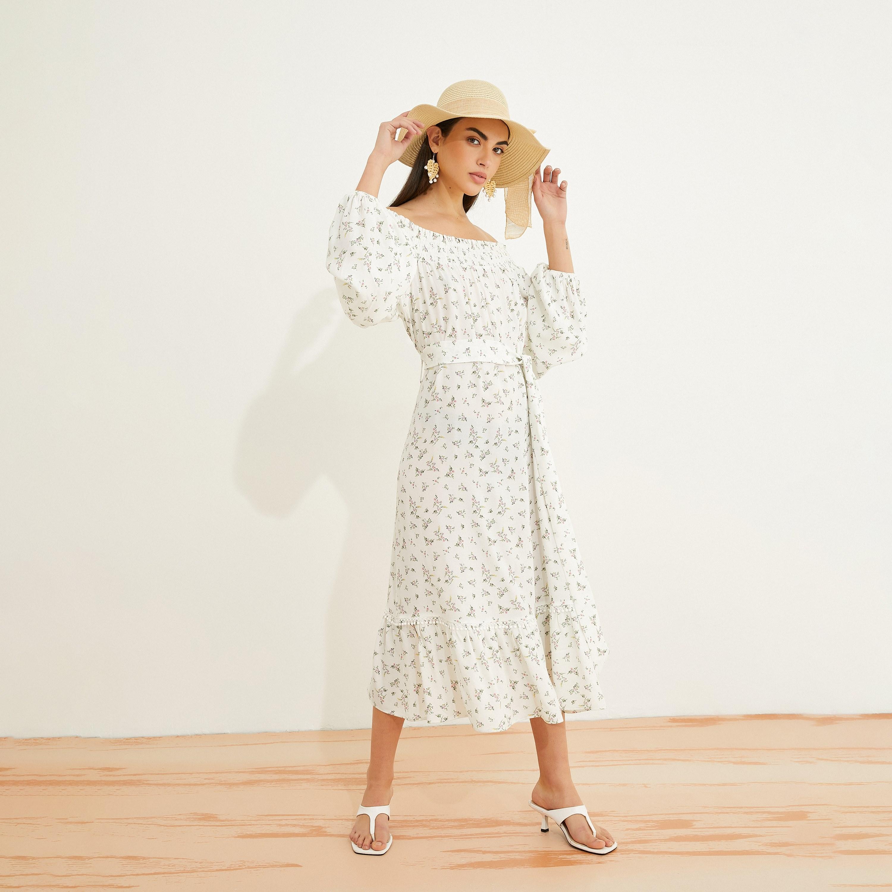 KOTON White Ditsy Floral Off-Shoulder Balloon Sleeves Tiered Women's Midi Dress-women-clothing-dresses-image-2