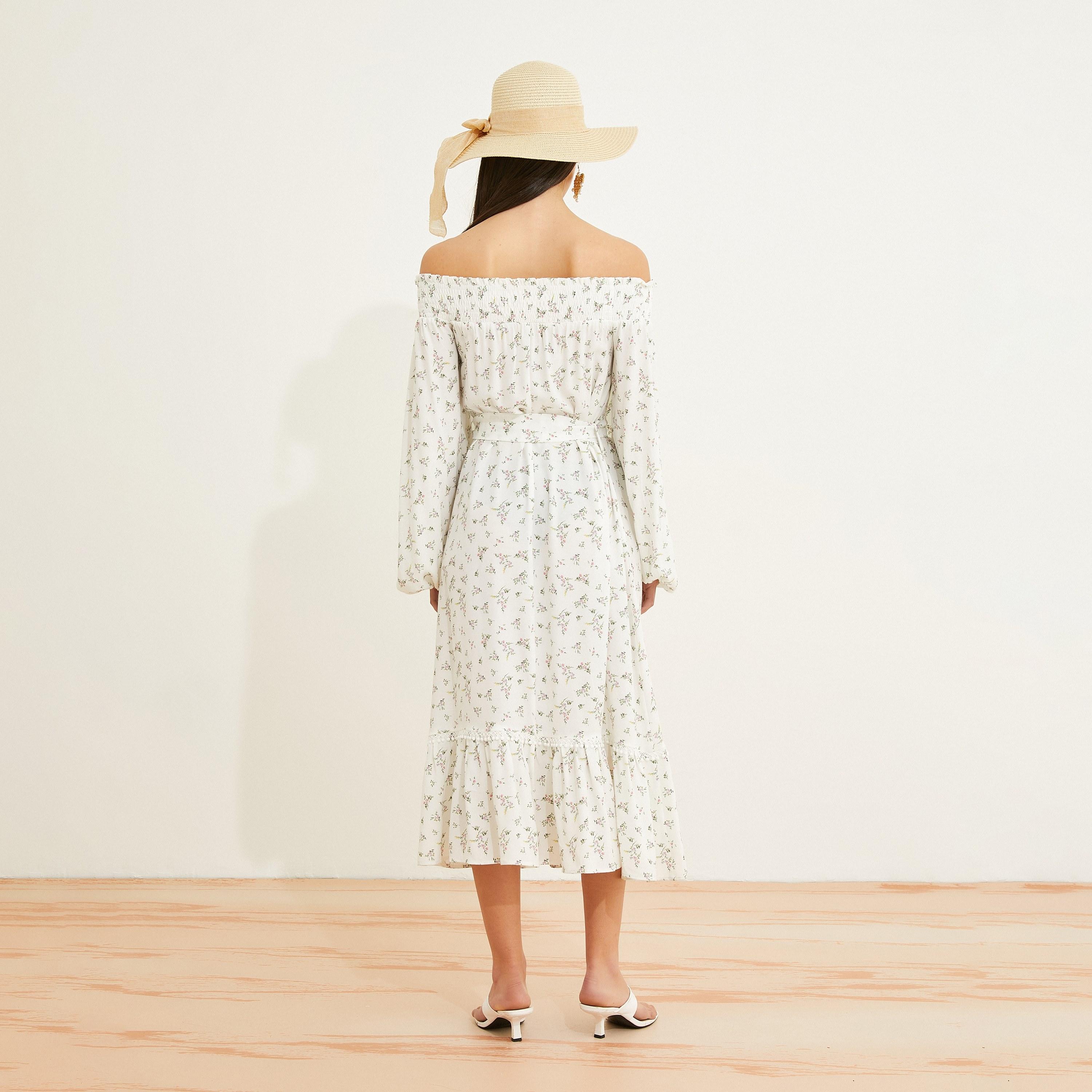 KOTON White Ditsy Floral Off-Shoulder Balloon Sleeves Tiered Women's Midi Dress-women-clothing-dresses-image-3
