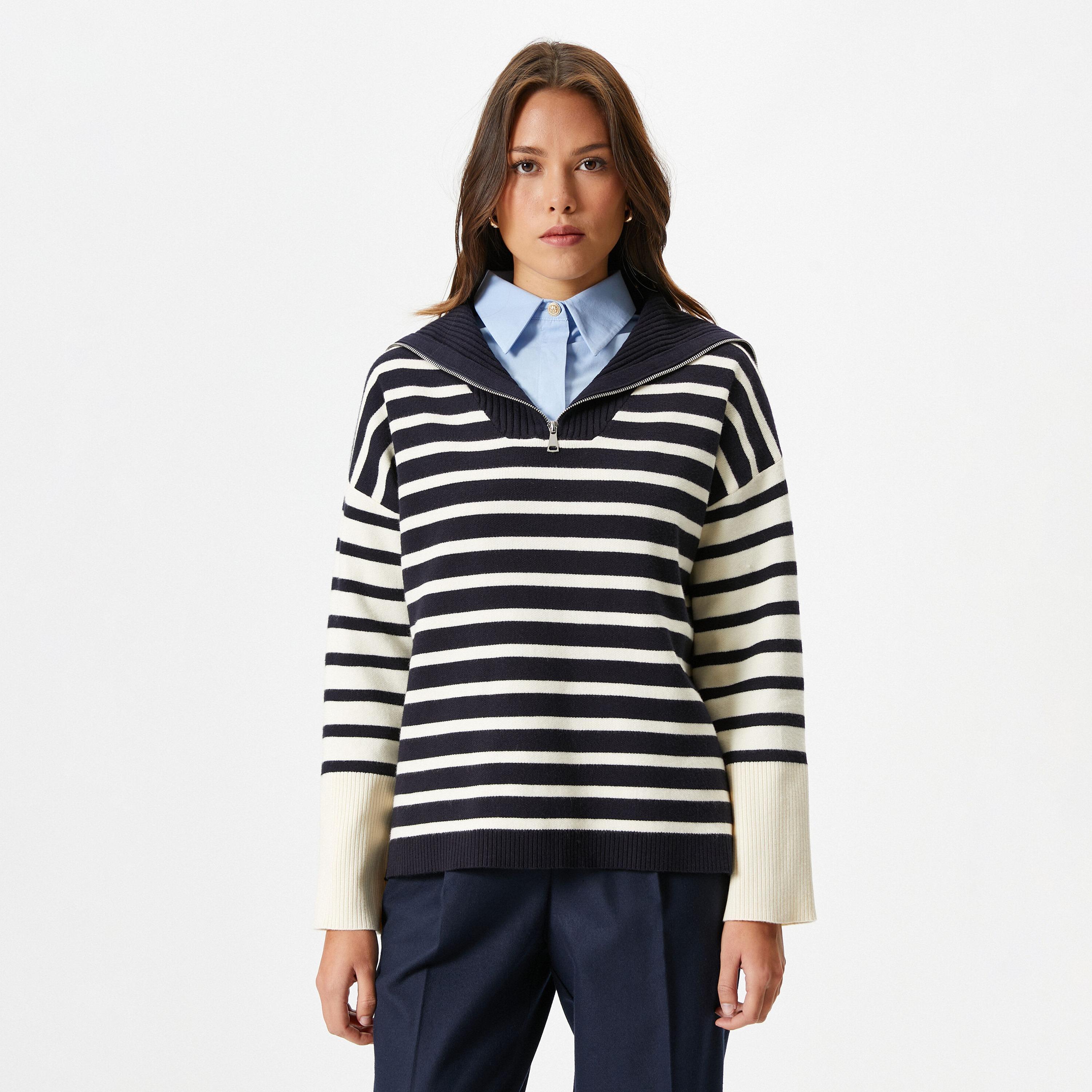 KOTON Blue Striped Collared Dropped Sleeves Women's Sweater-women-winterwear-cardigansandjumpers-jumpers-image-1