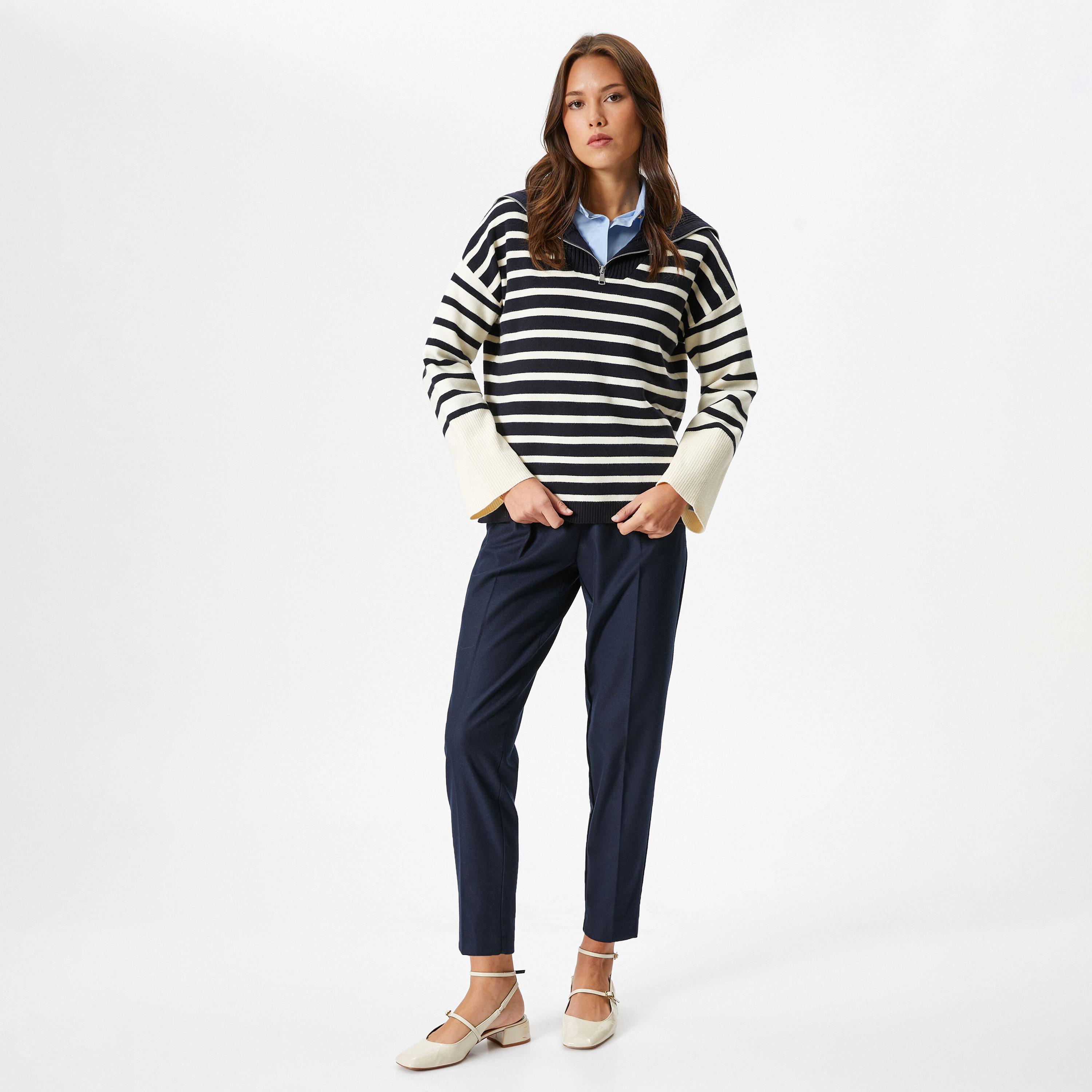KOTON Blue Striped Collared Dropped Sleeves Women's Sweater-women-winterwear-cardigansandjumpers-jumpers-image-2