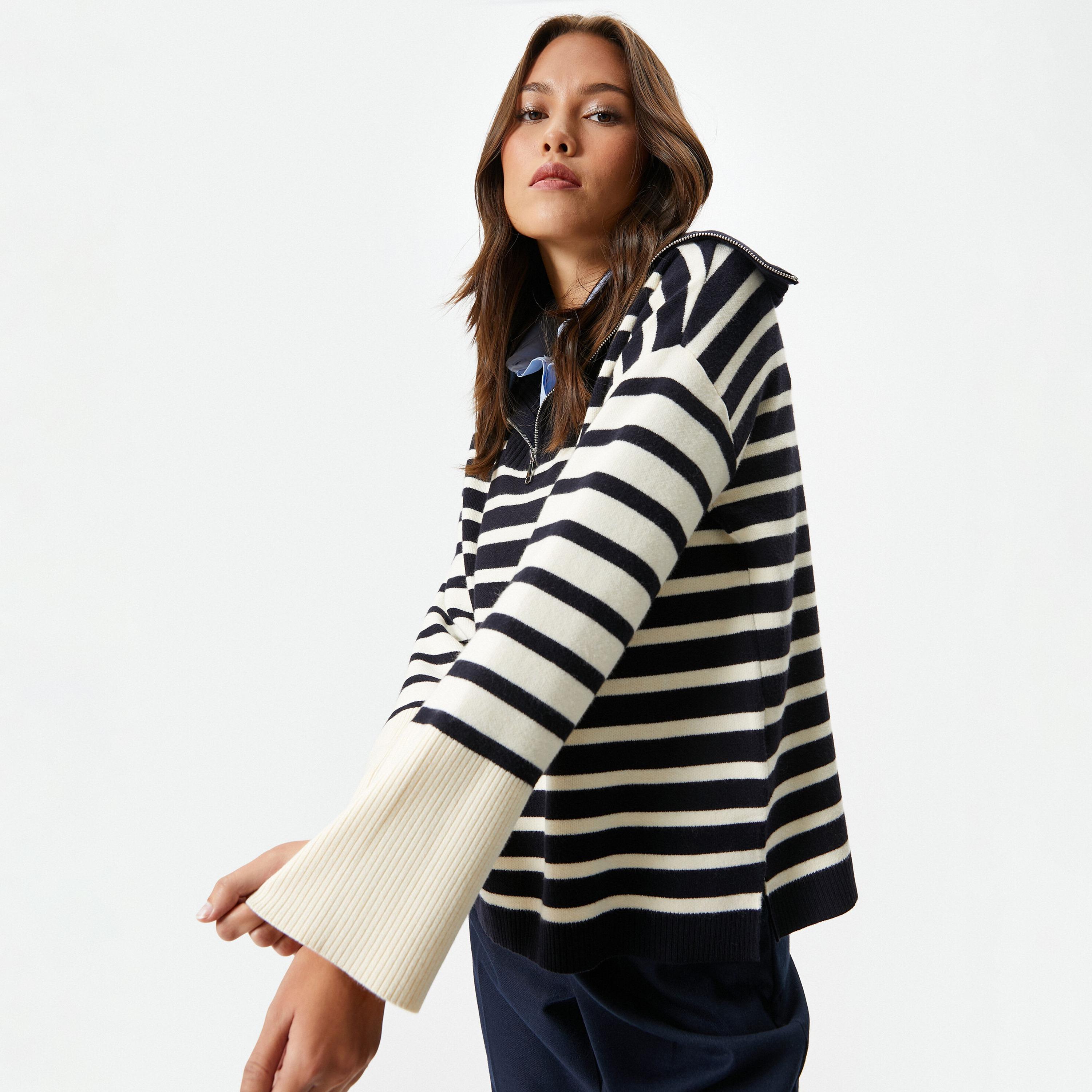 KOTON Blue Striped Collared Dropped Sleeves Women's Sweater-women-winterwear-cardigansandjumpers-jumpers-image-4