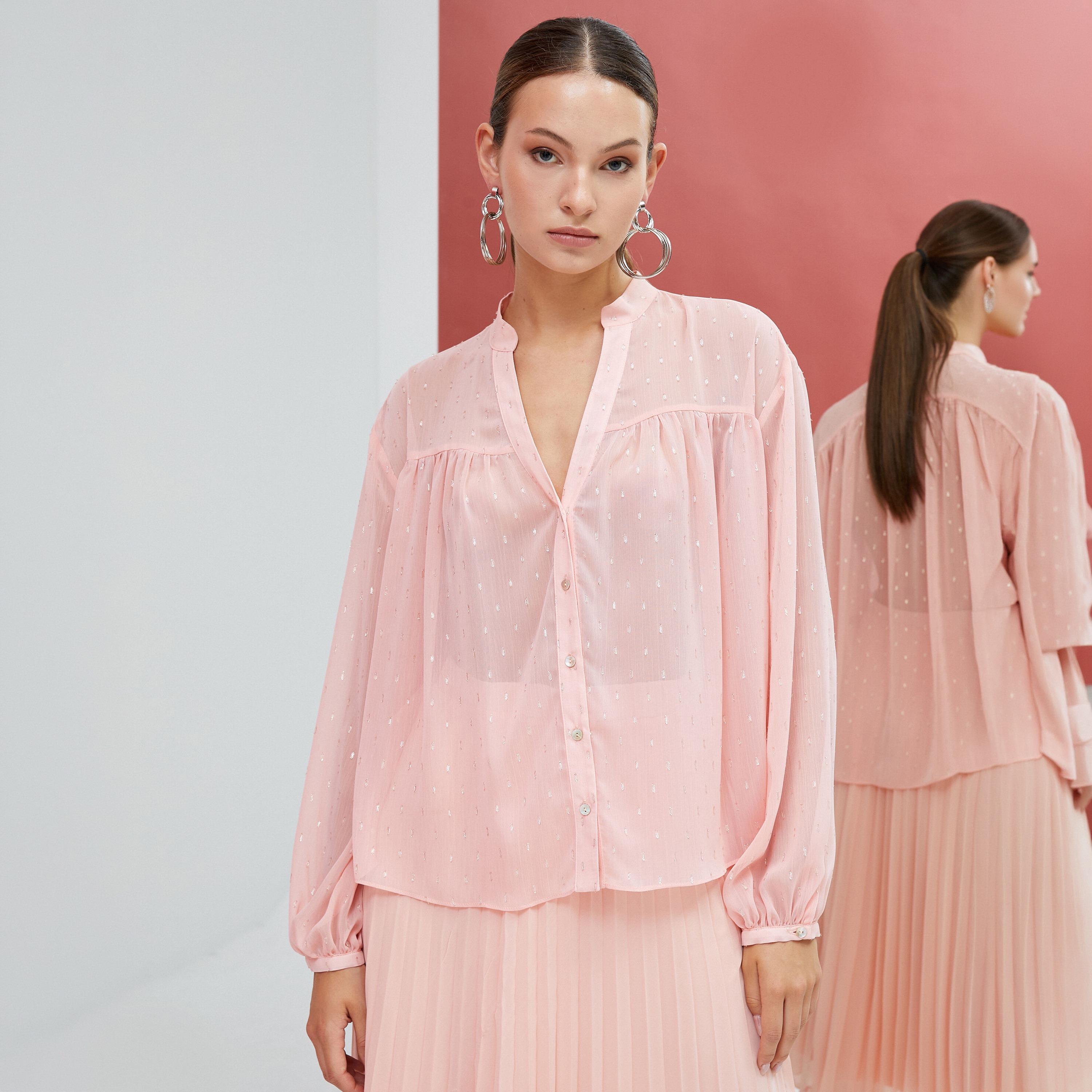 KOTON Plus Pink Dobby Mandarin Collar Bishop Sleeves Women's Top-women-clothing-shirtsandblouses-blouses-image-1
