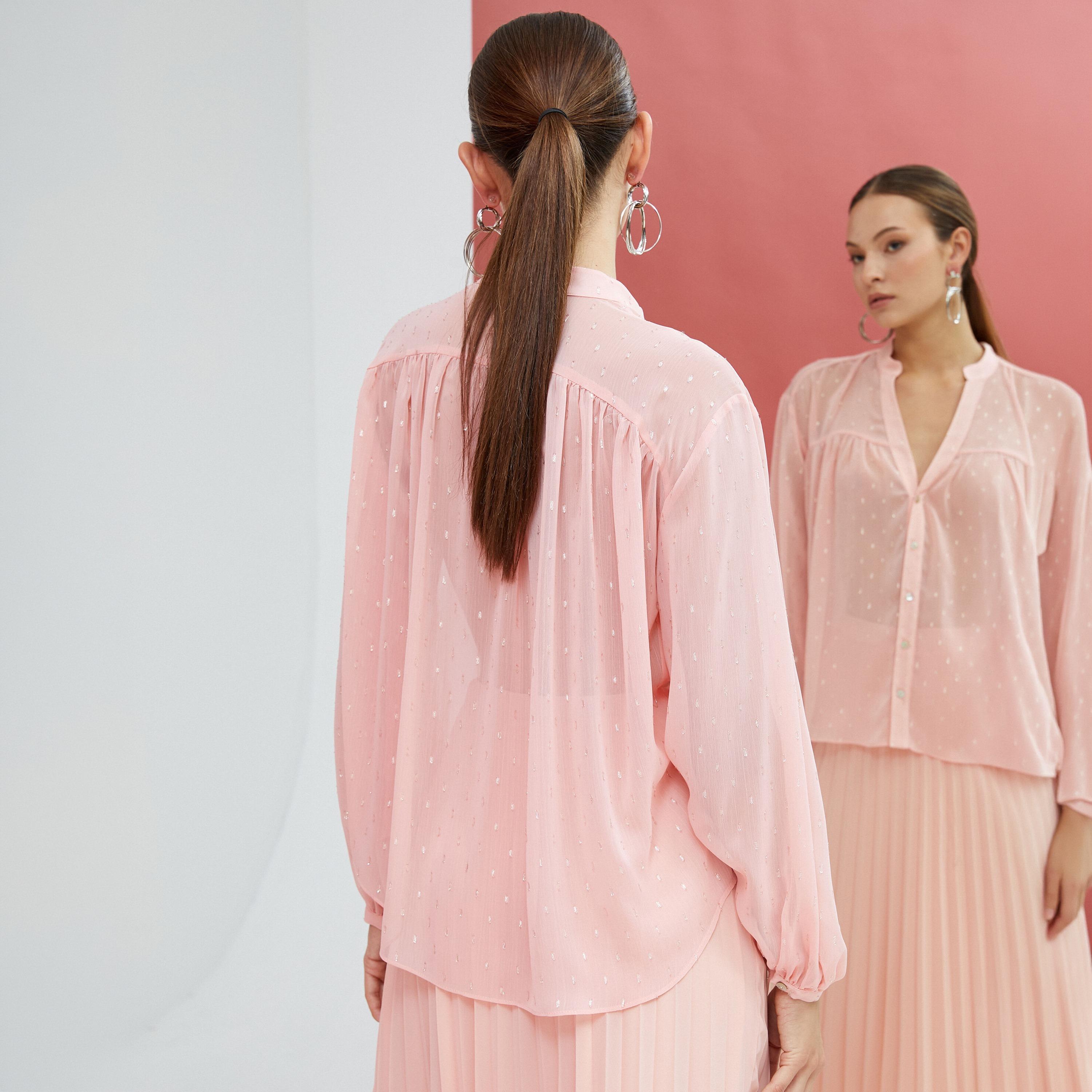 KOTON Plus Pink Dobby Mandarin Collar Bishop Sleeves Women's Top-women-clothing-shirtsandblouses-blouses-image-3