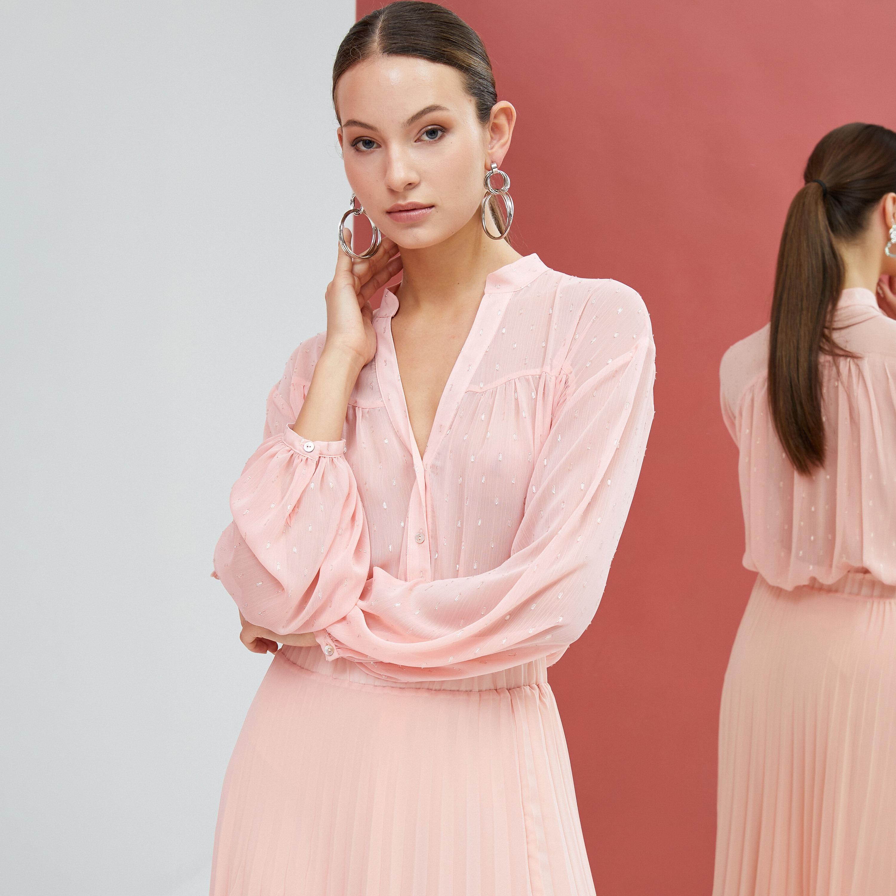 KOTON Plus Pink Dobby Mandarin Collar Bishop Sleeves Women's Top-women-clothing-shirtsandblouses-blouses-image-4