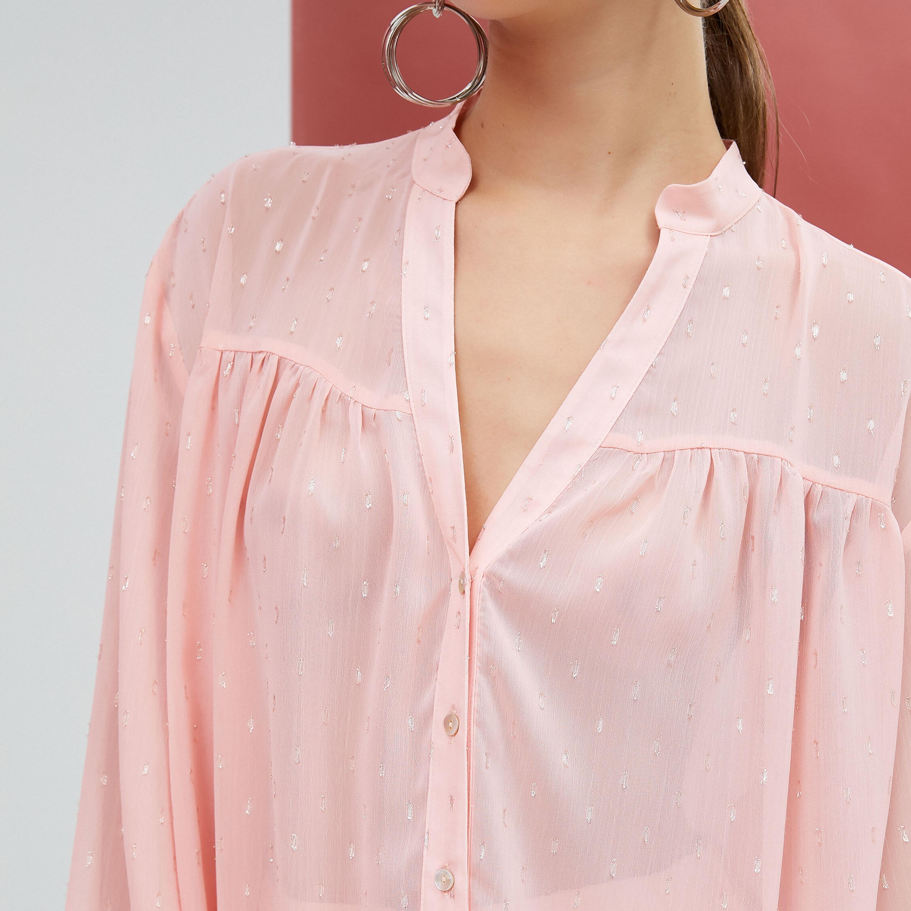 KOTON Plus Pink Dobby Mandarin Collar Bishop Sleeves Women's Top-women-clothing-shirtsandblouses-blouses-image-5