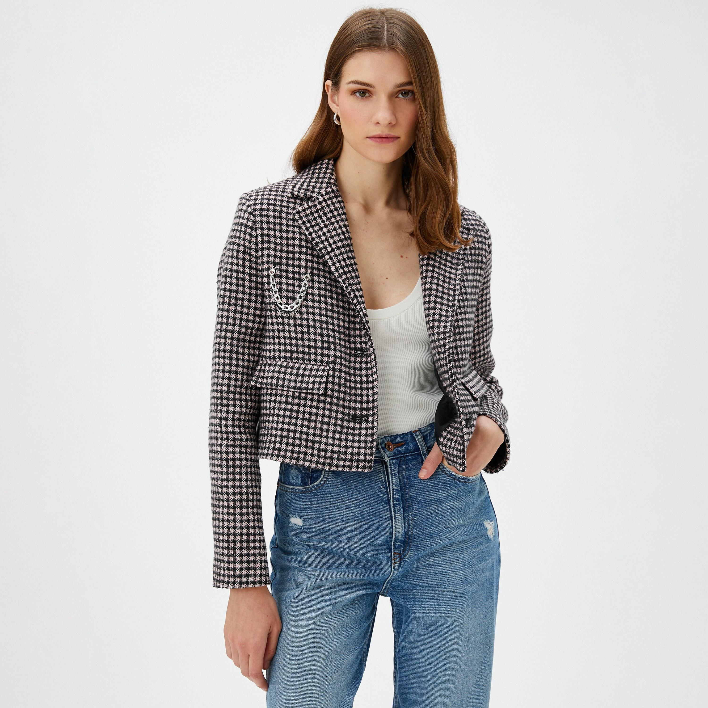 KOTON Pink Tweed Lapel Collar Women's Single Breasted Blazer-women-clothing-coatsandjackets-blazers-image-1