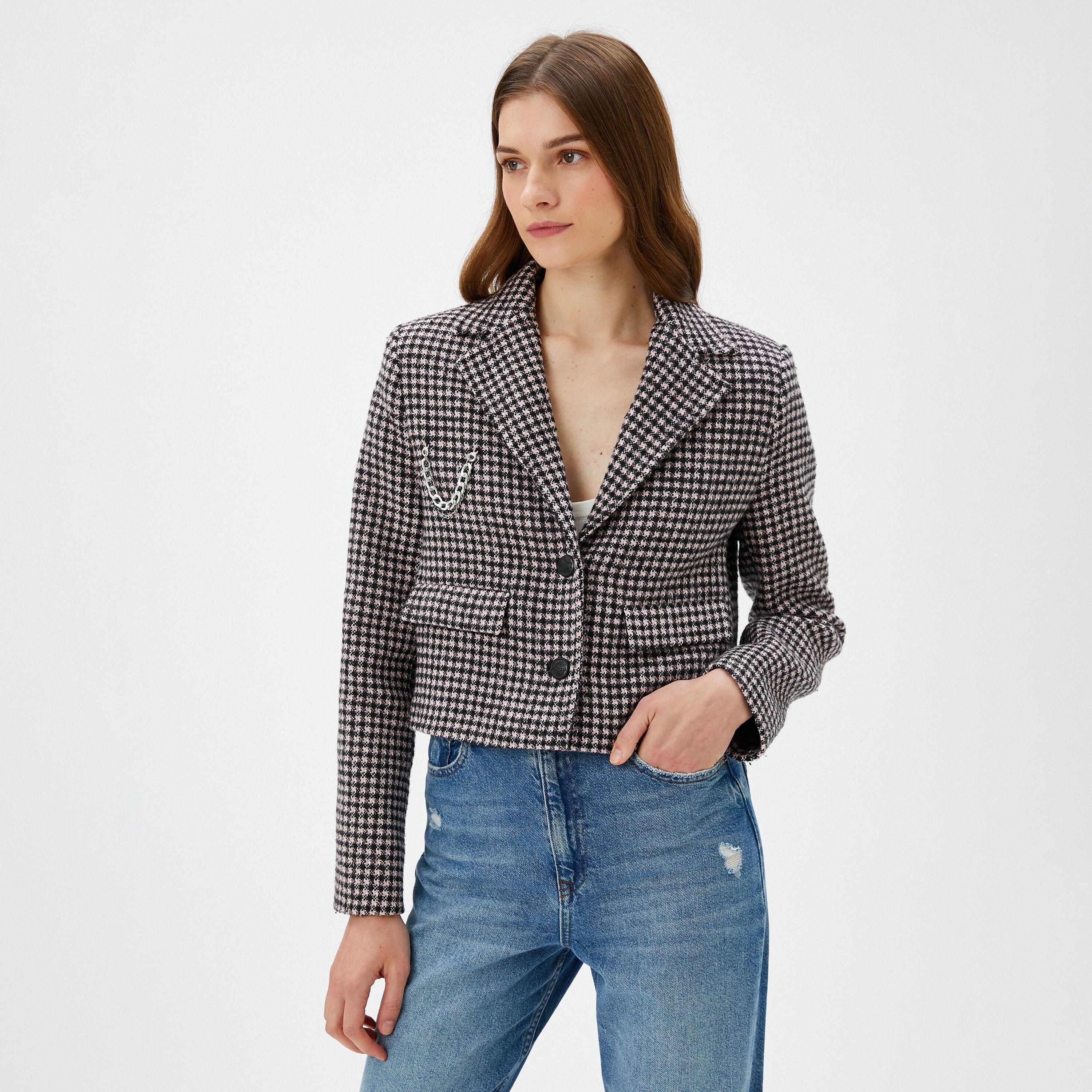 KOTON Pink Tweed Lapel Collar Women's Single Breasted Blazer-women-clothing-coatsandjackets-blazers-image-4