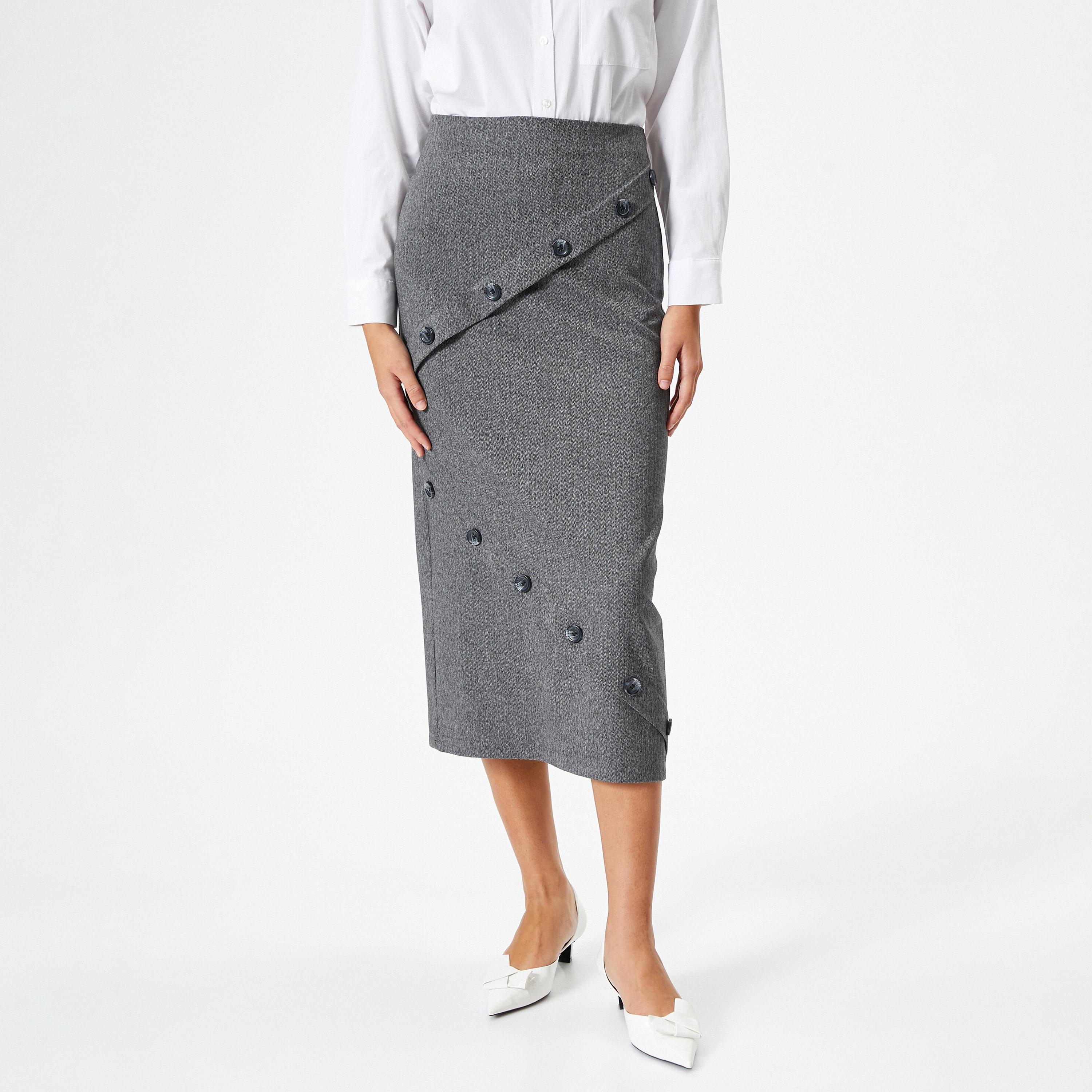 تنورة بينسل نسائية بنقشة هيرنغ بون بلون رمادي من كوتون-women-clothing-bottoms-skirts-image-1