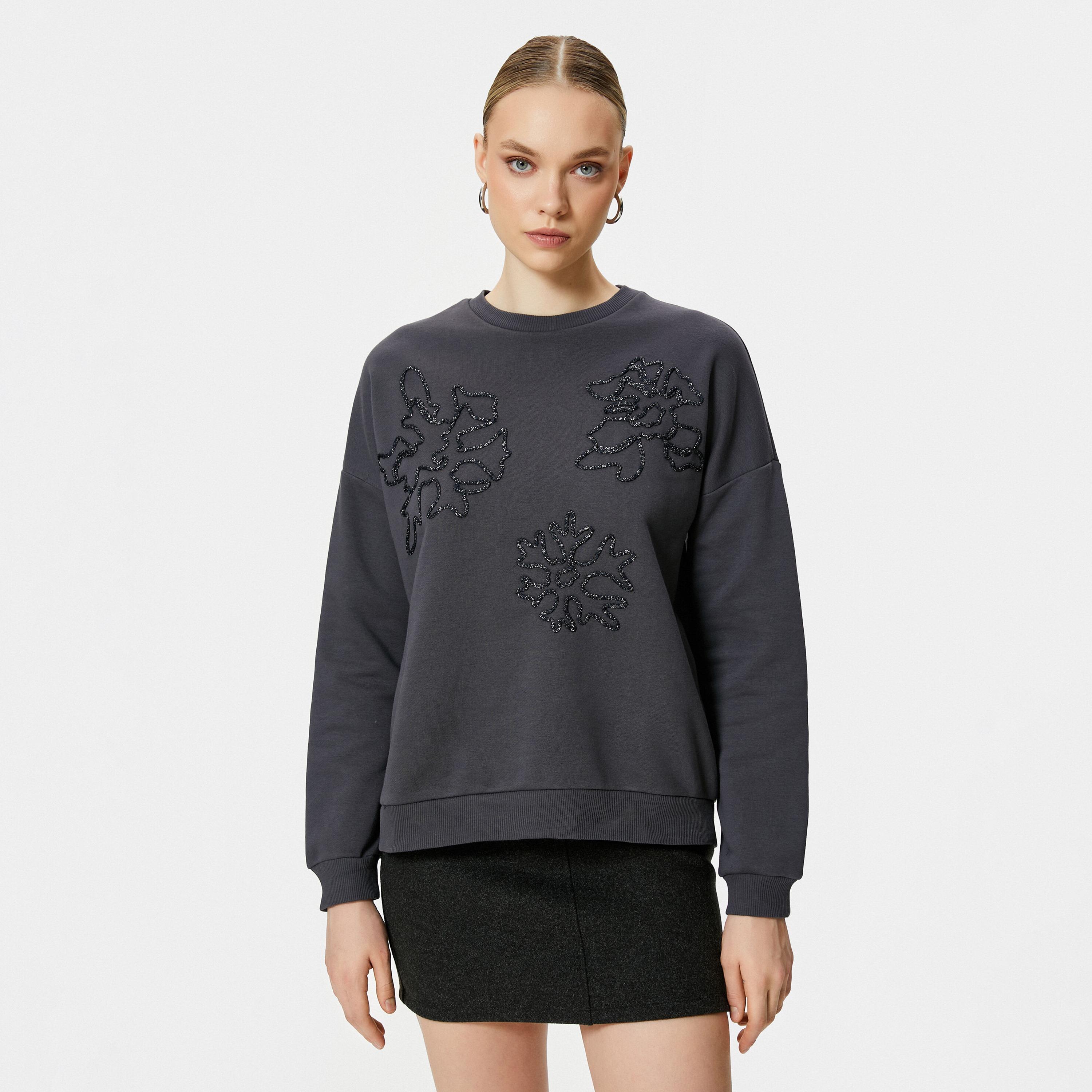 KOTON Charcoal Glitter Embroidered Dropped Sleeves Women's Sweatshirt-women-clothing-hoodiesandsweatshirts-sweatshirts-image-1