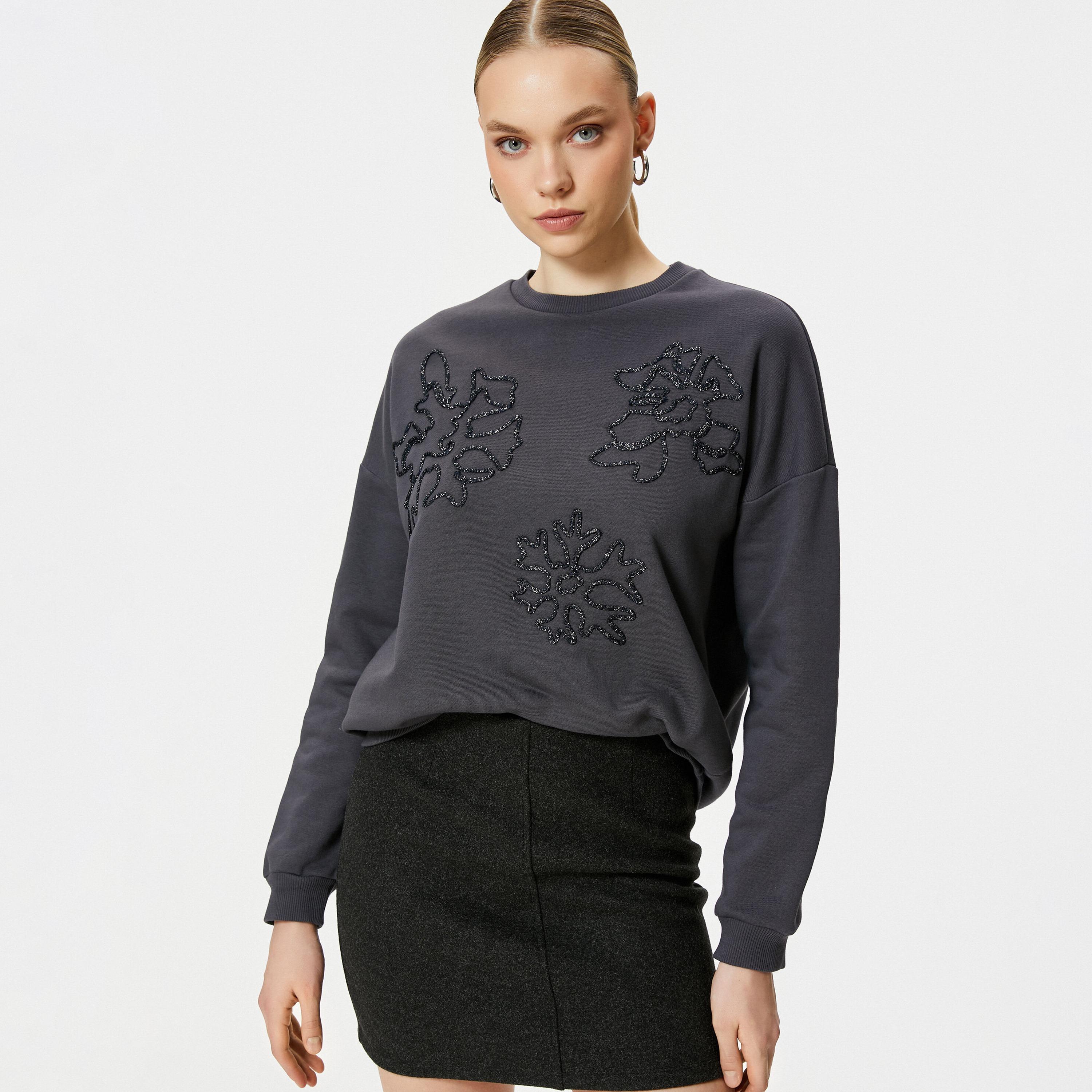 KOTON Charcoal Glitter Embroidered Dropped Sleeves Women's Sweatshirt-women-clothing-hoodiesandsweatshirts-sweatshirts-image-2