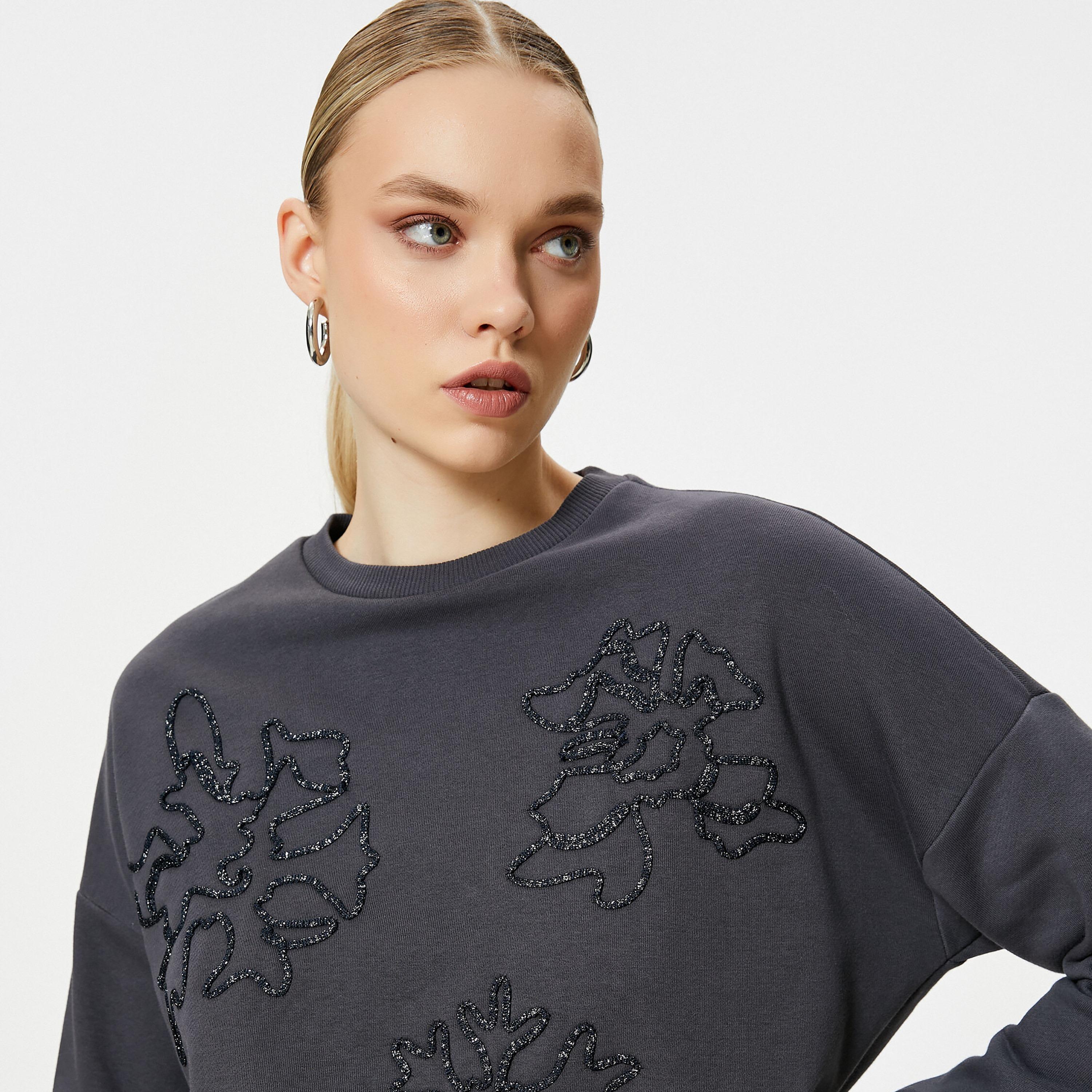 KOTON Charcoal Glitter Embroidered Dropped Sleeves Women's Sweatshirt-women-clothing-hoodiesandsweatshirts-sweatshirts-image-4