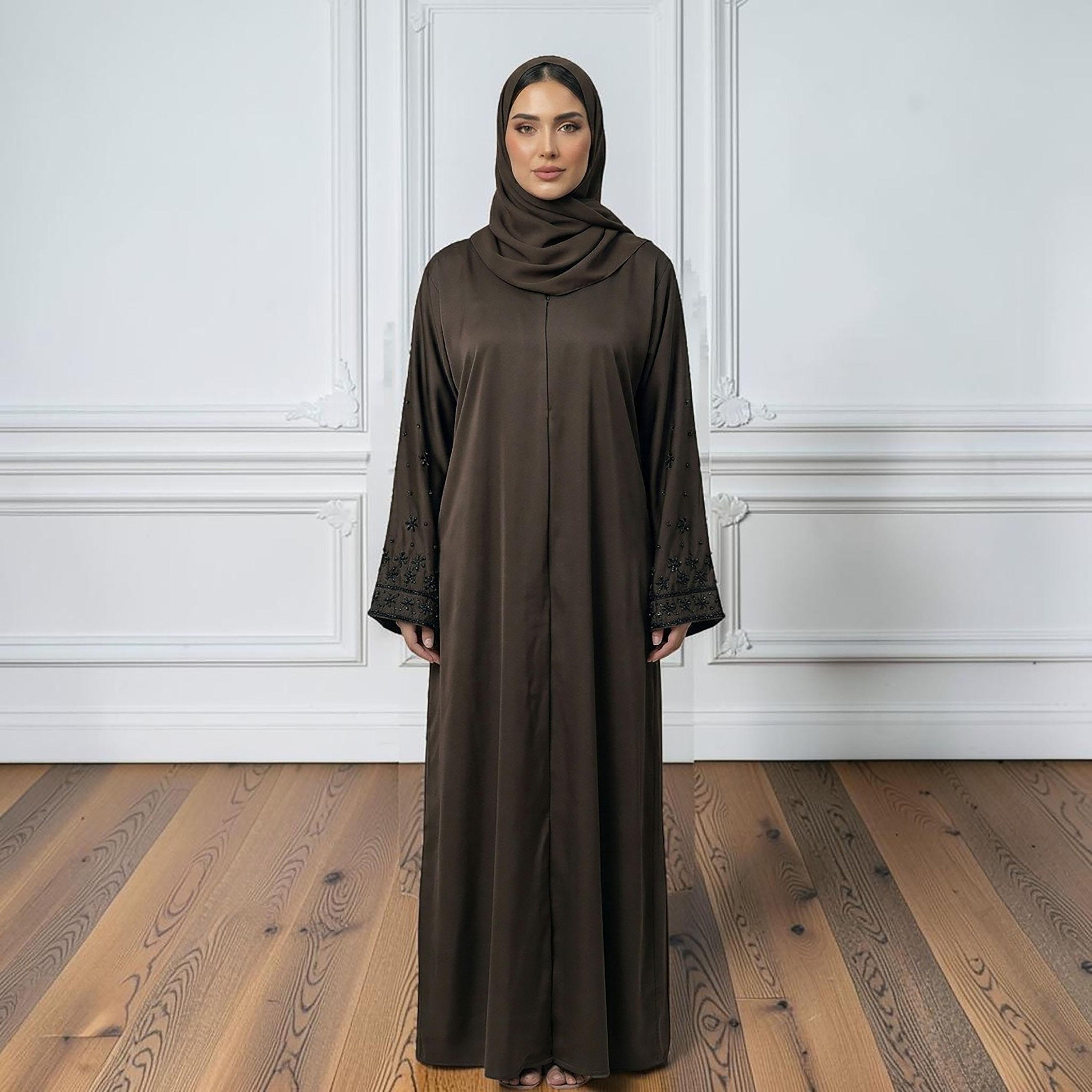 Nukhbaa Brown Embellished Nida Women's Abaya with Hijab-women-arabicclothing-abayas-image-1