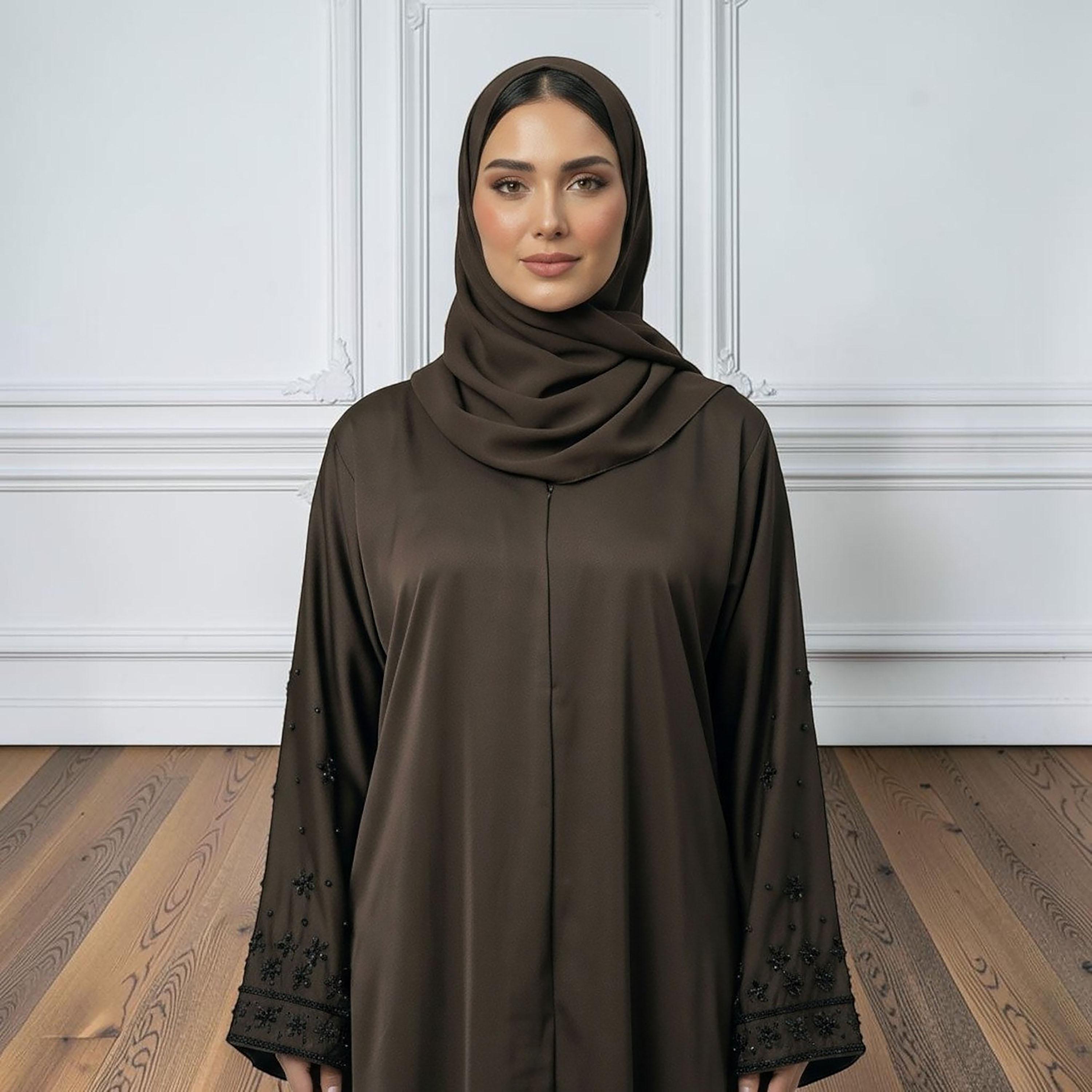 Nukhbaa Brown Embellished Nida Women's Abaya with Hijab-women-arabicclothing-abayas-image-2