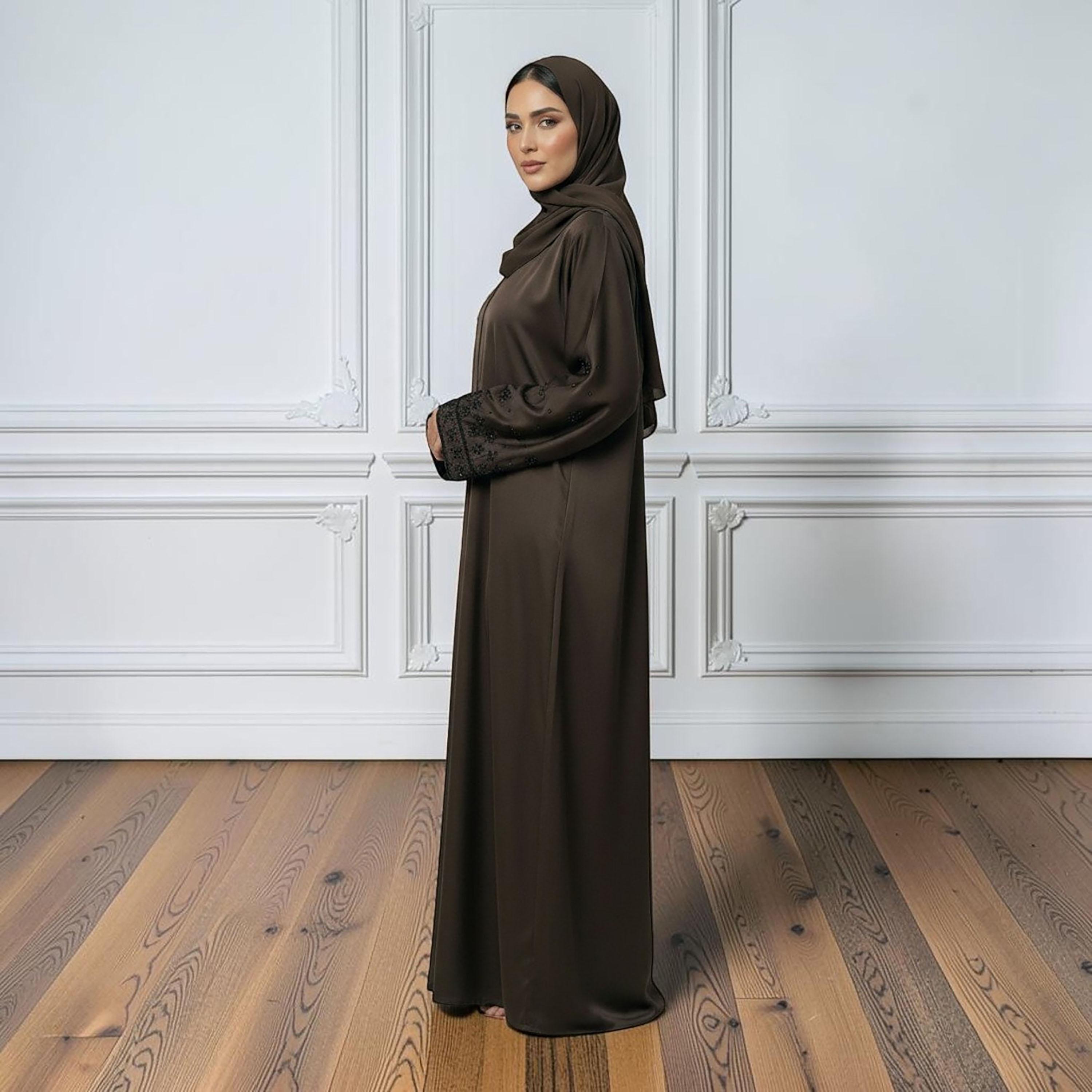 Nukhbaa Brown Embellished Nida Women's Abaya with Hijab-women-arabicclothing-abayas-image-3