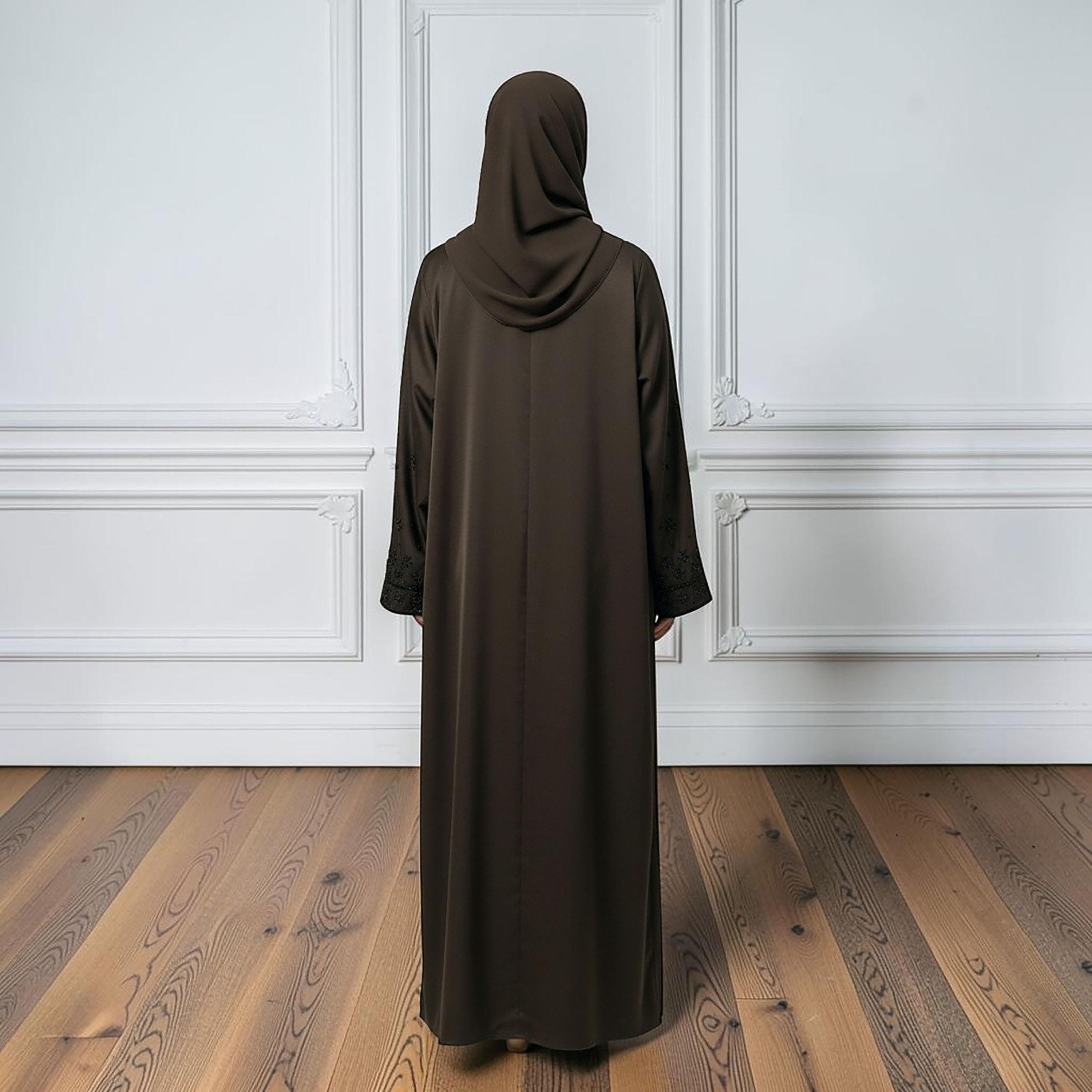 Nukhbaa Brown Embellished Nida Women's Abaya with Hijab-women-arabicclothing-abayas-image-4