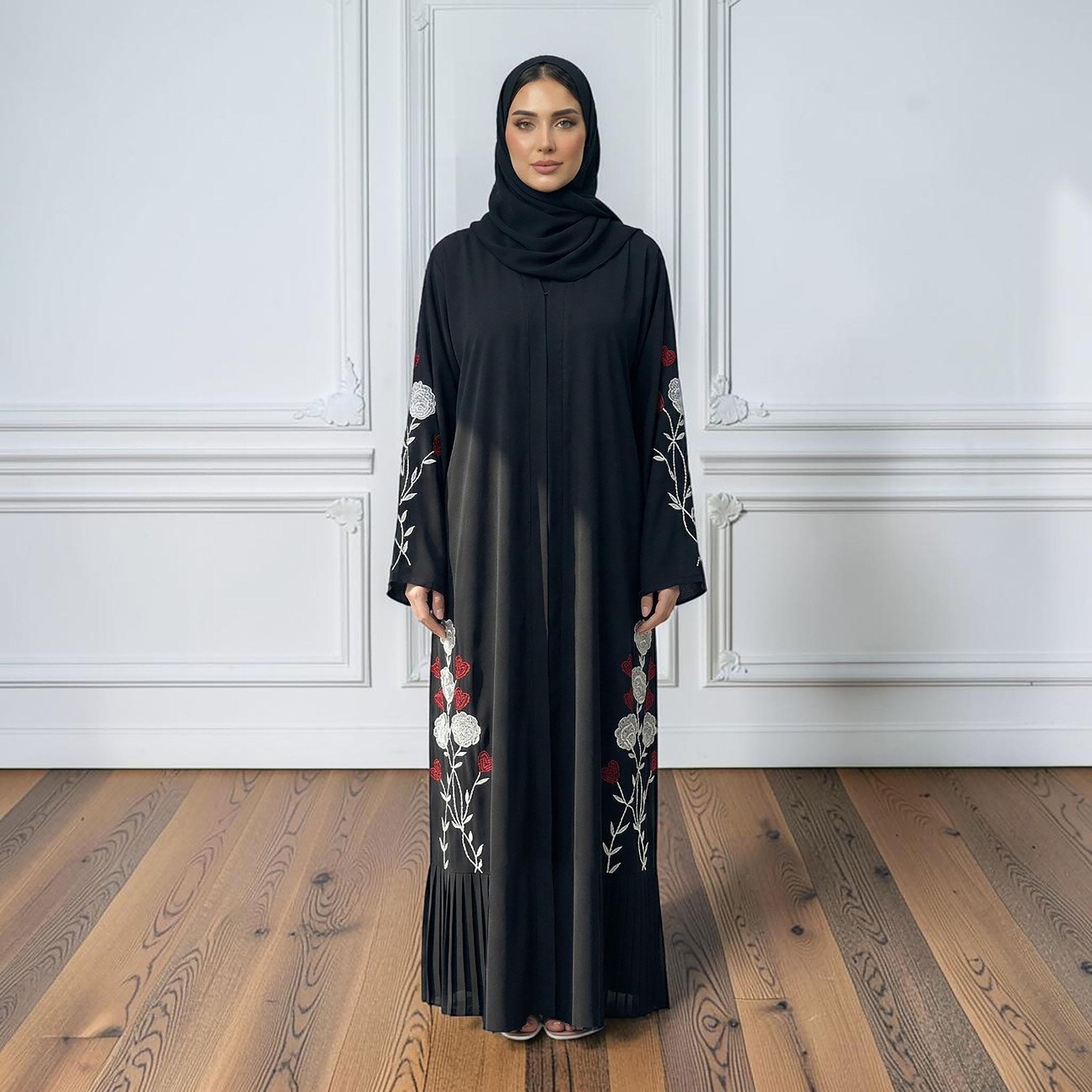 Nukhbaa Black Rose Embroidered Nida Women's Evening Abaya with Hijab-women-arabicclothing-abayas-image-1