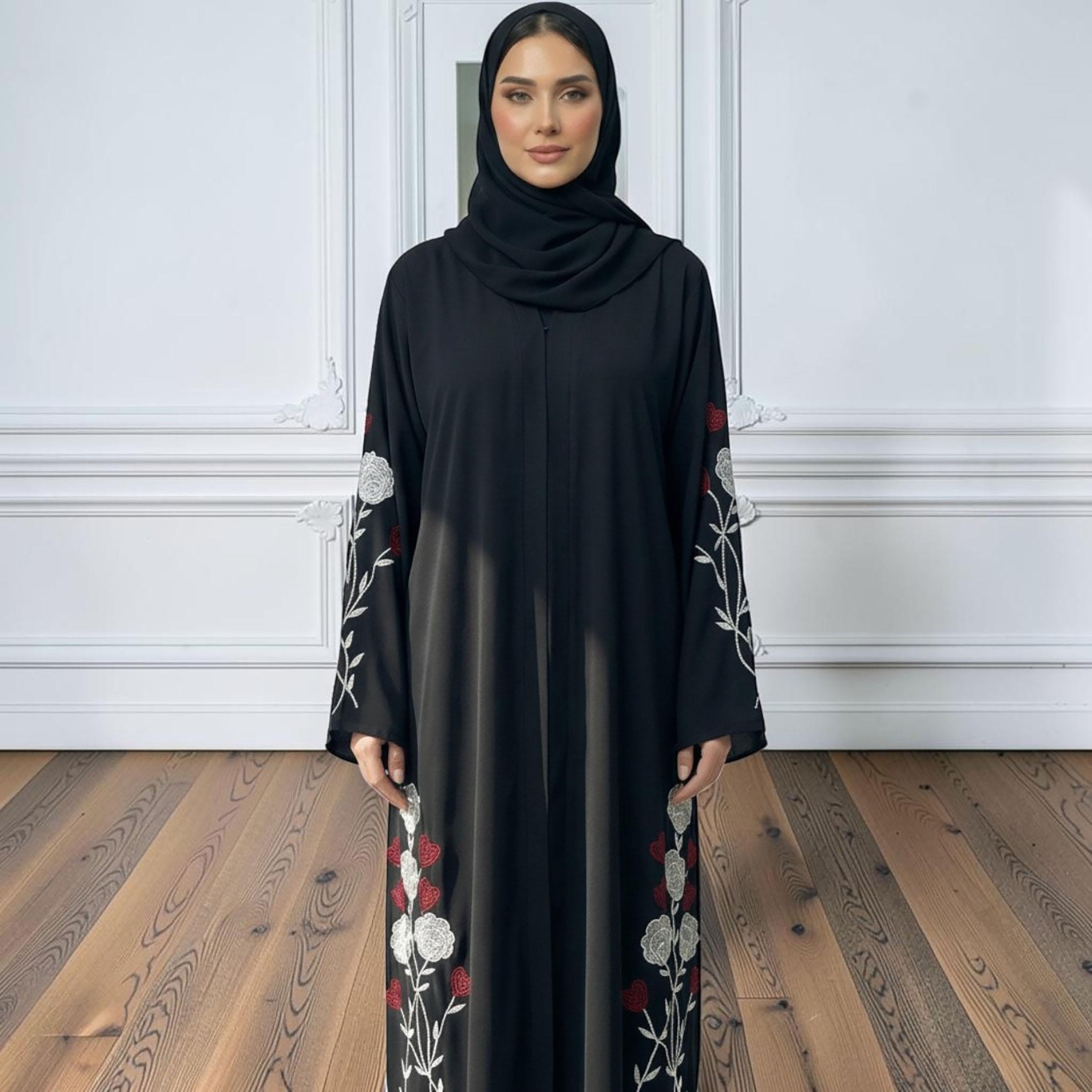 Nukhbaa Black Rose Embroidered Nida Women's Evening Abaya with Hijab-women-arabicclothing-abayas-image-2