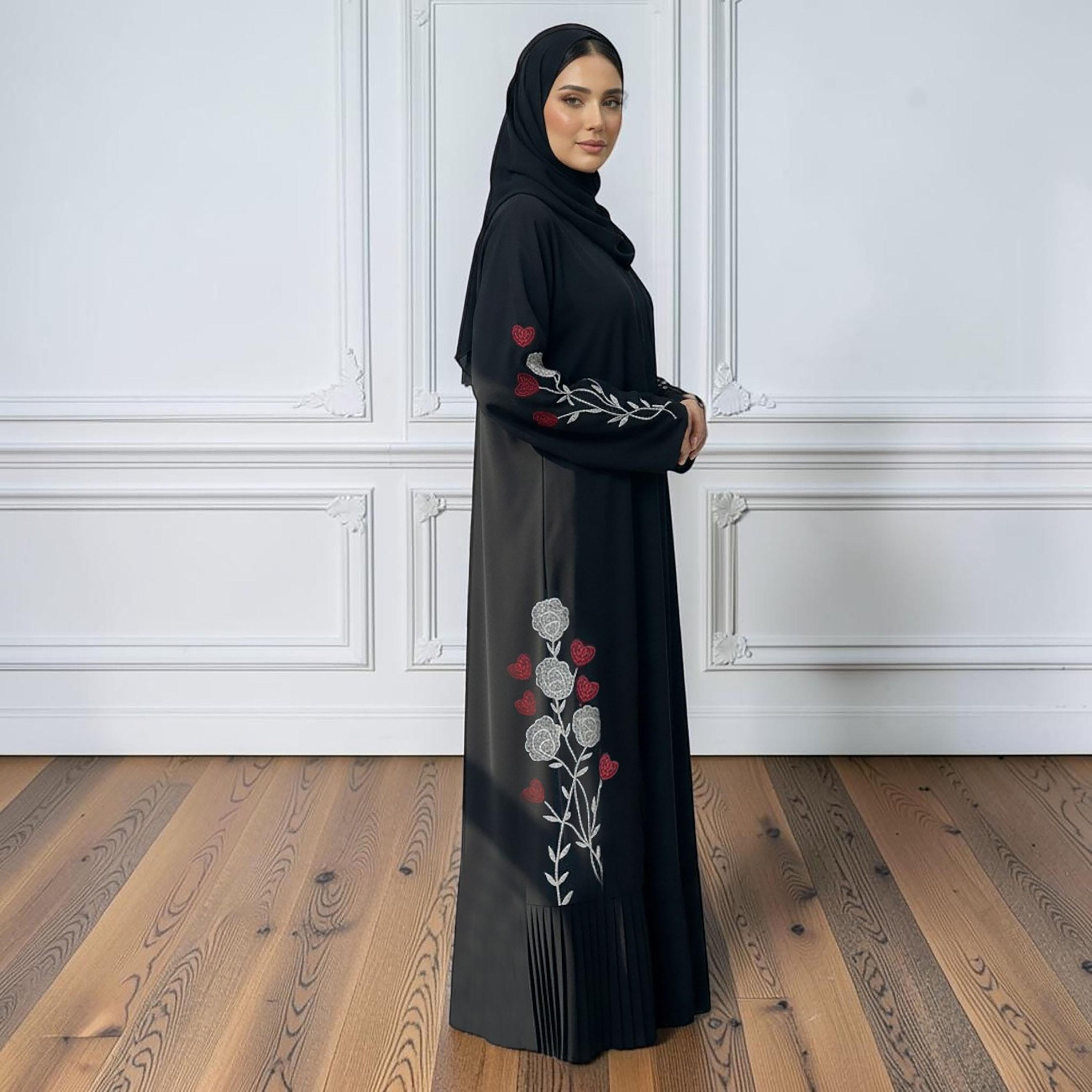 Nukhbaa Black Rose Embroidered Nida Women's Evening Abaya with Hijab-women-arabicclothing-abayas-image-3