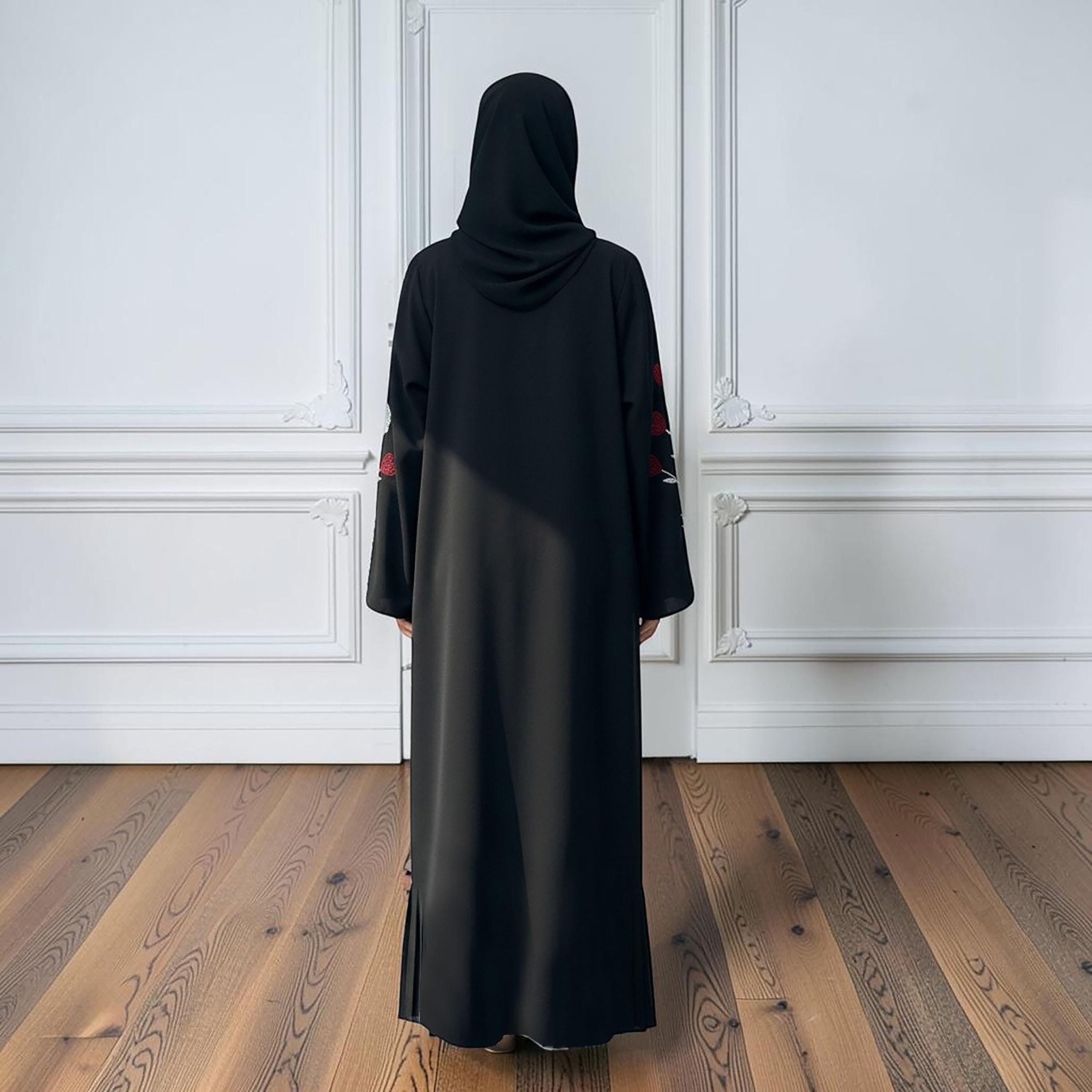 Nukhbaa Black Rose Embroidered Nida Women's Evening Abaya with Hijab-women-arabicclothing-abayas-image-4