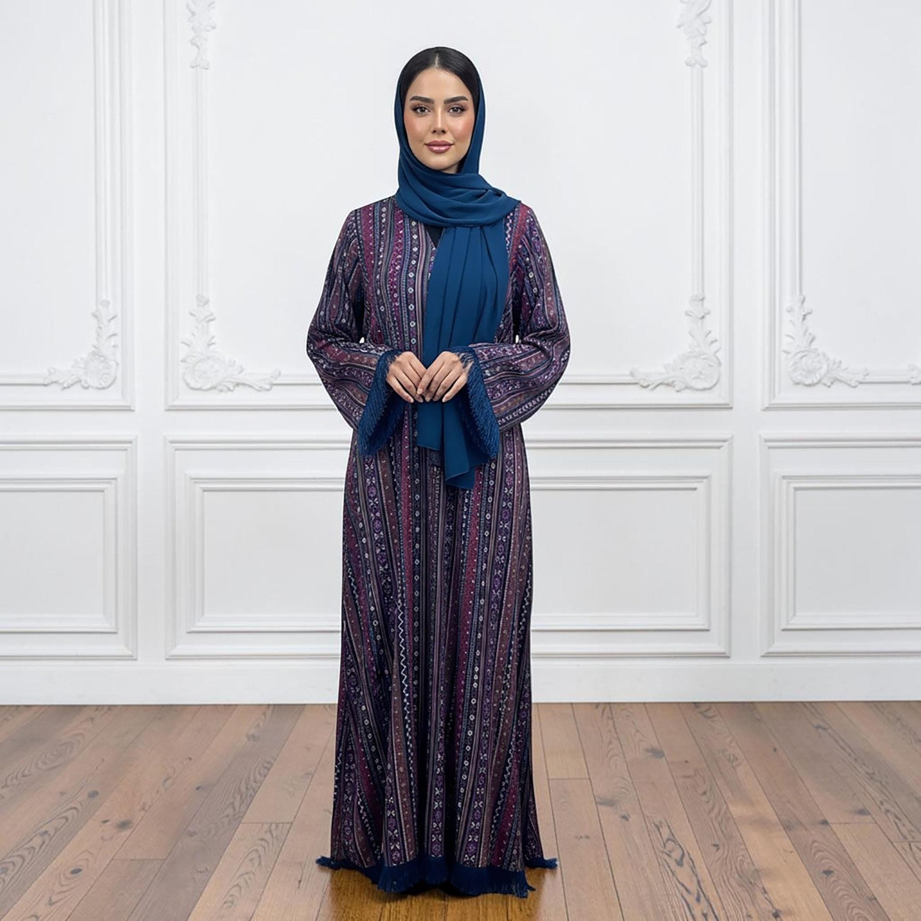Nukhbaa Multicolour Geometric Print Flared Sleeves Women's Abaya with Hijab-women-arabicclothing-abayas-image-1