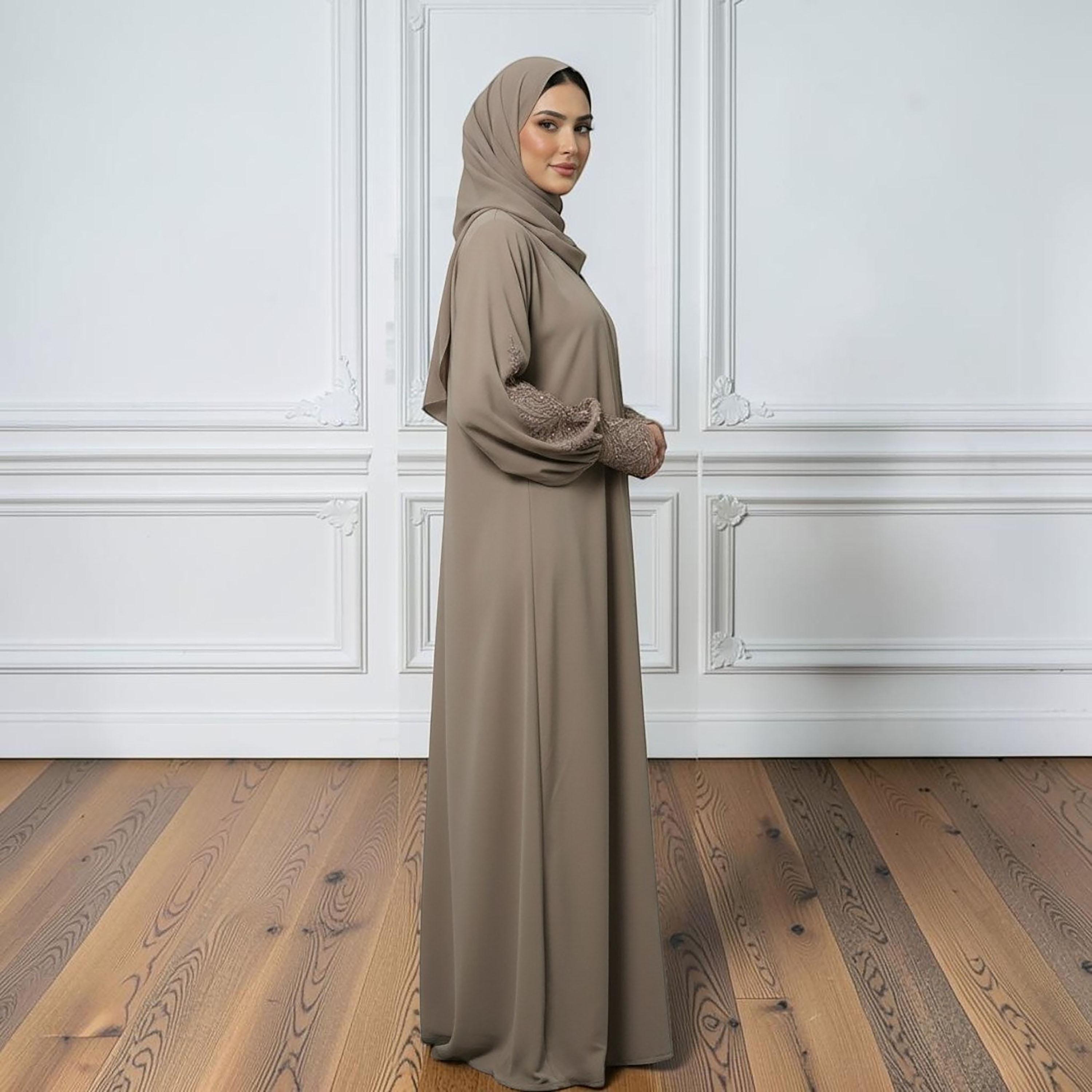 Nukhbaa Brown Embellished Bishop Sleeves Nida Women's Abaya with Hijab-women-arabicclothing-abayas-image-1