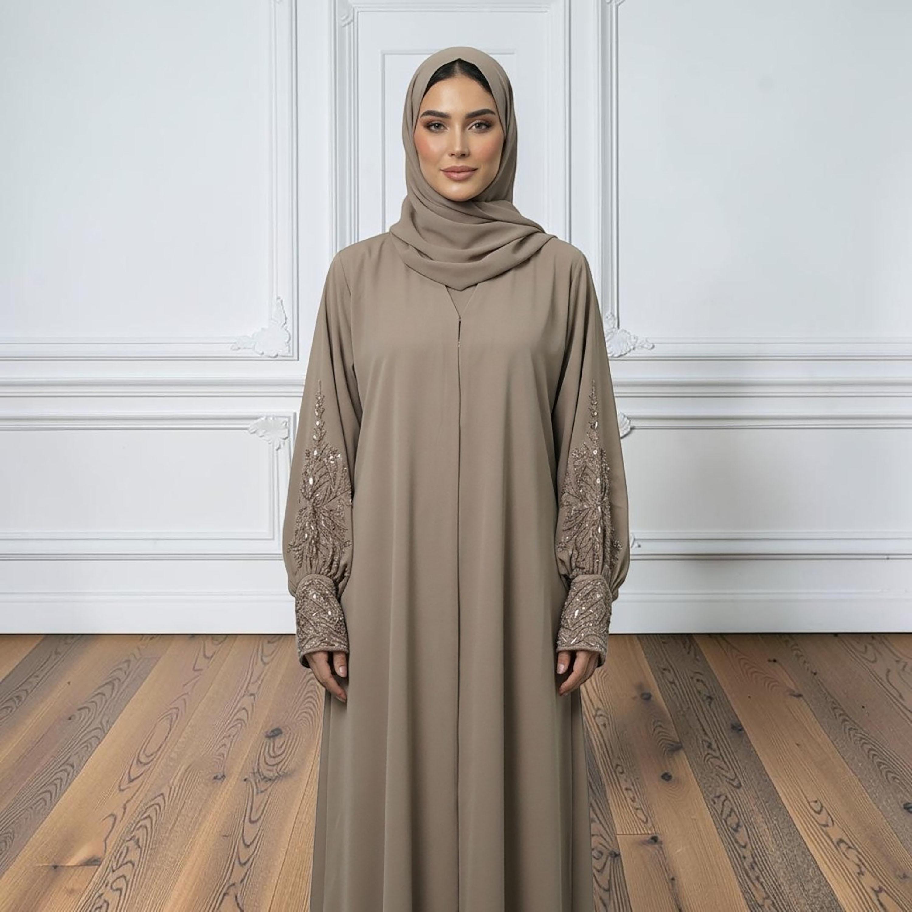 Nukhbaa Brown Embellished Bishop Sleeves Nida Women's Abaya with Hijab-women-arabicclothing-abayas-image-2