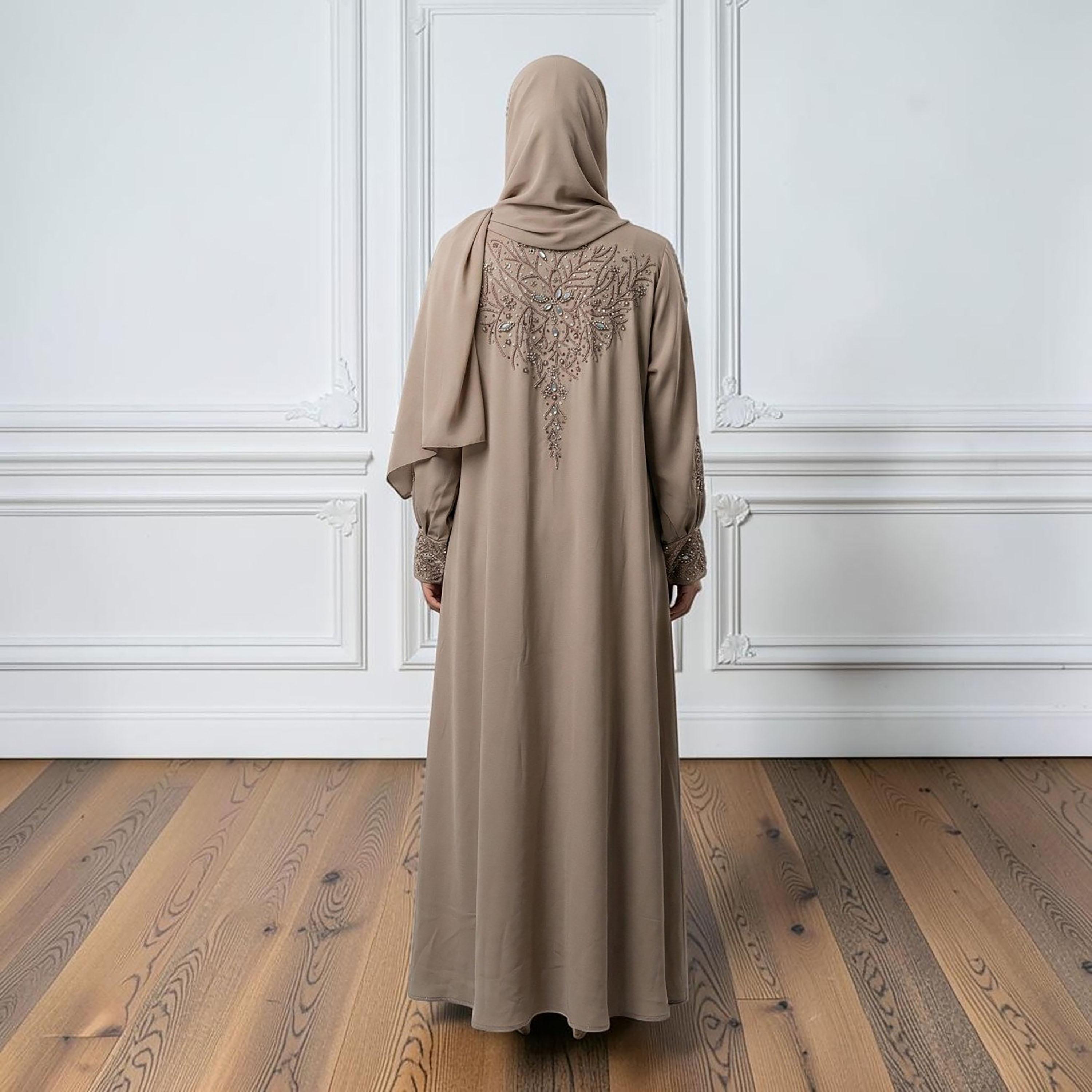 Nukhbaa Brown Embellished Bishop Sleeves Nida Women's Abaya with Hijab-women-arabicclothing-abayas-image-3