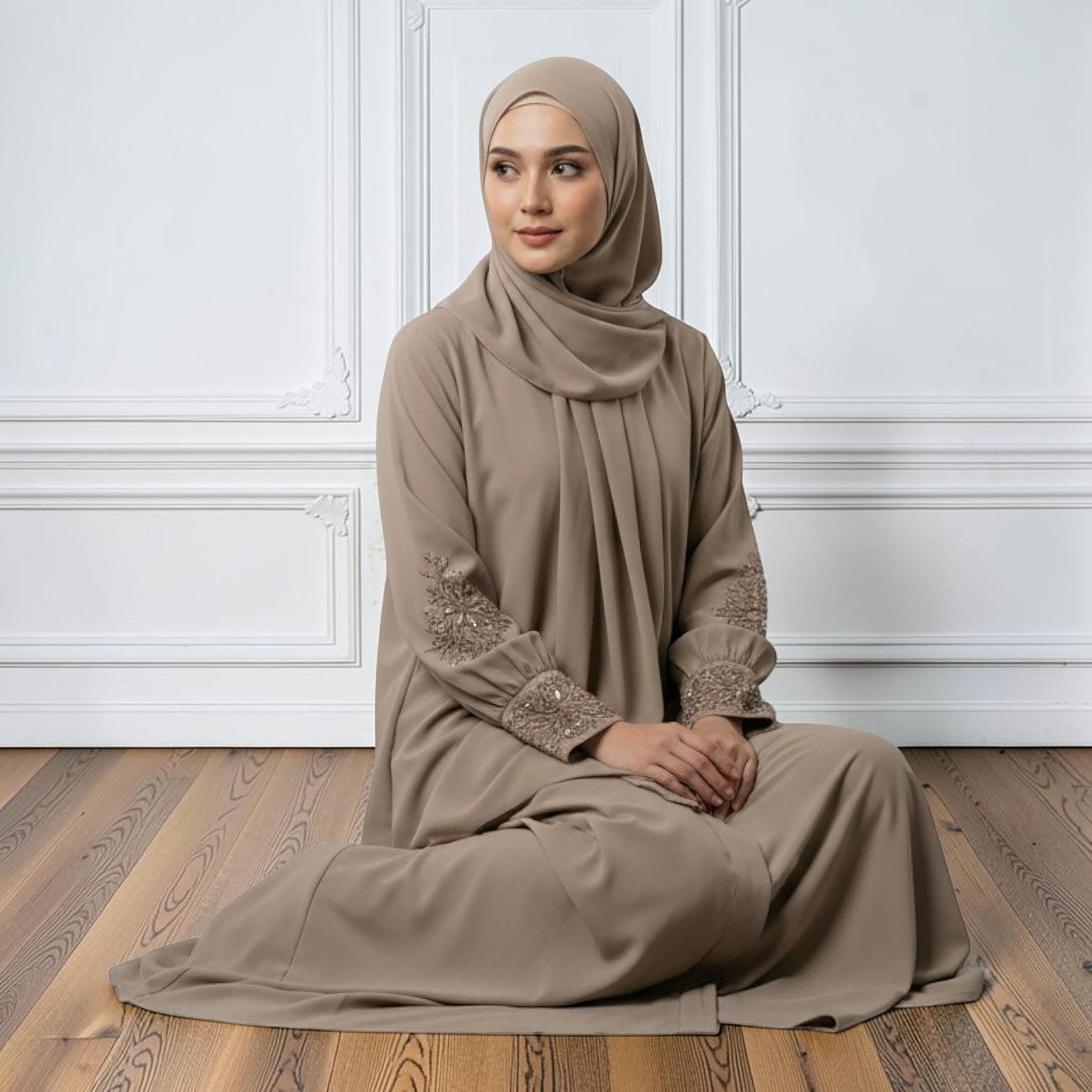 Nukhbaa Brown Embellished Bishop Sleeves Nida Women's Abaya with Hijab-women-arabicclothing-abayas-image-4