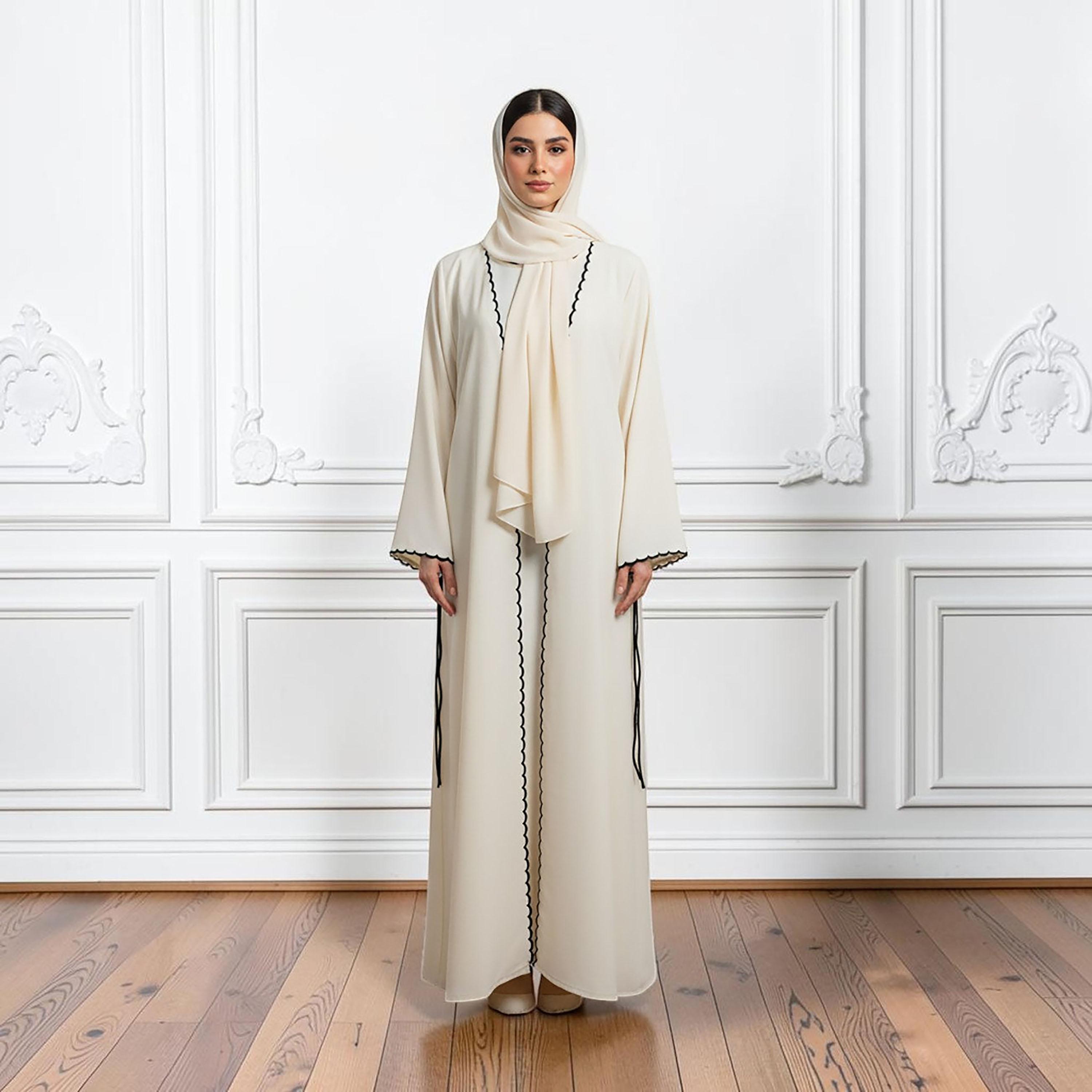 Nukhbaa Off-White Scallop Detailed Flared Sleeves Nida Women's Abaya with Hijab-women-arabicclothing-abayas-image-1