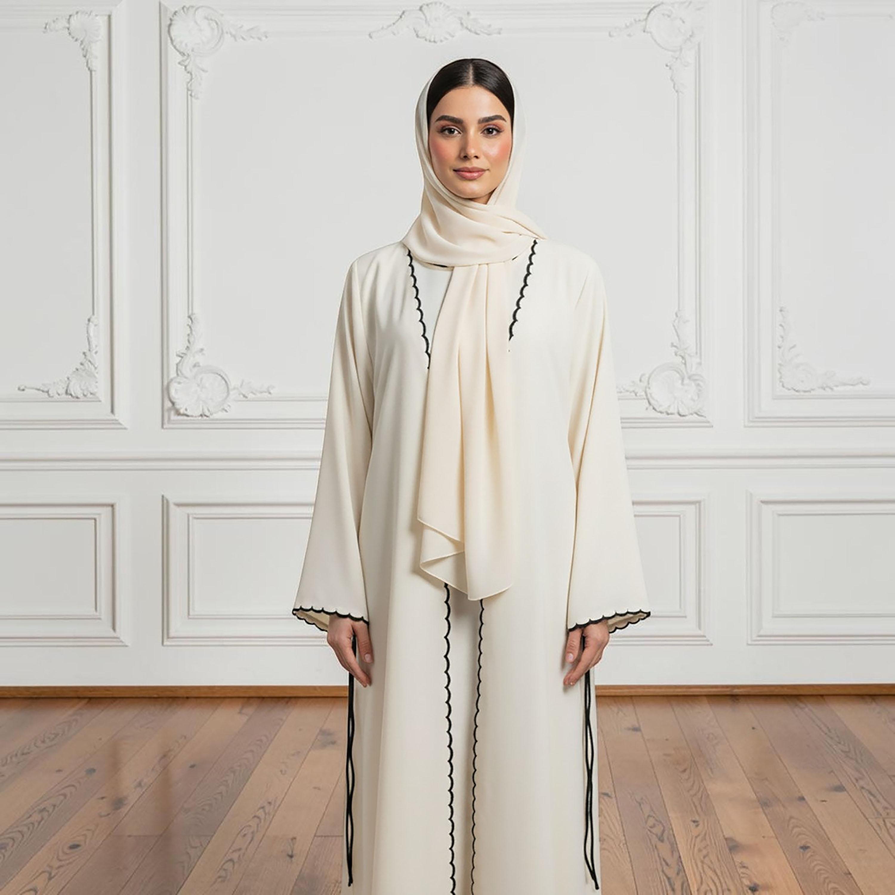 Nukhbaa Off-White Scallop Detailed Flared Sleeves Nida Women's Abaya with Hijab-women-arabicclothing-abayas-image-2