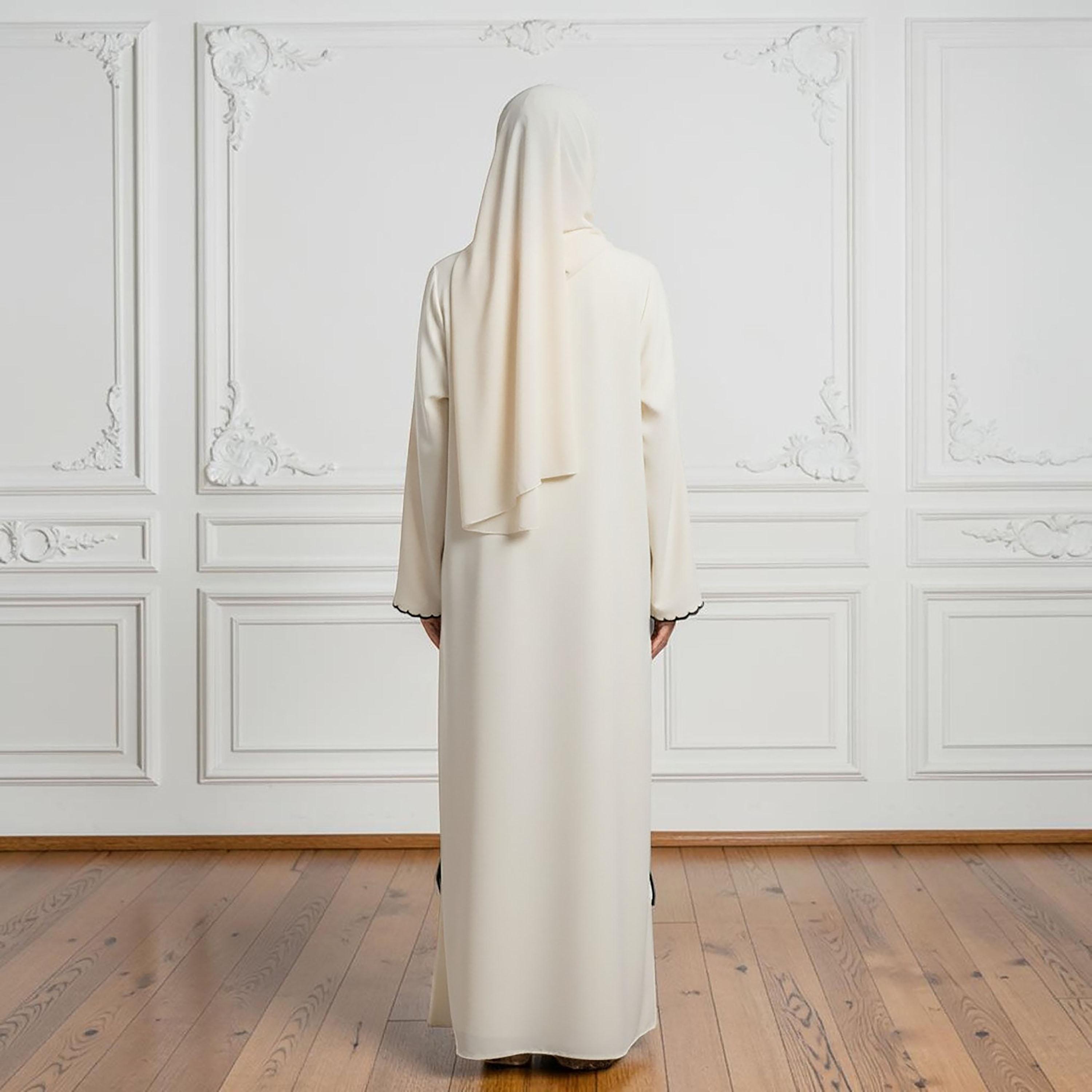 Nukhbaa Off-White Scallop Detailed Flared Sleeves Nida Women's Abaya with Hijab-women-arabicclothing-abayas-image-3
