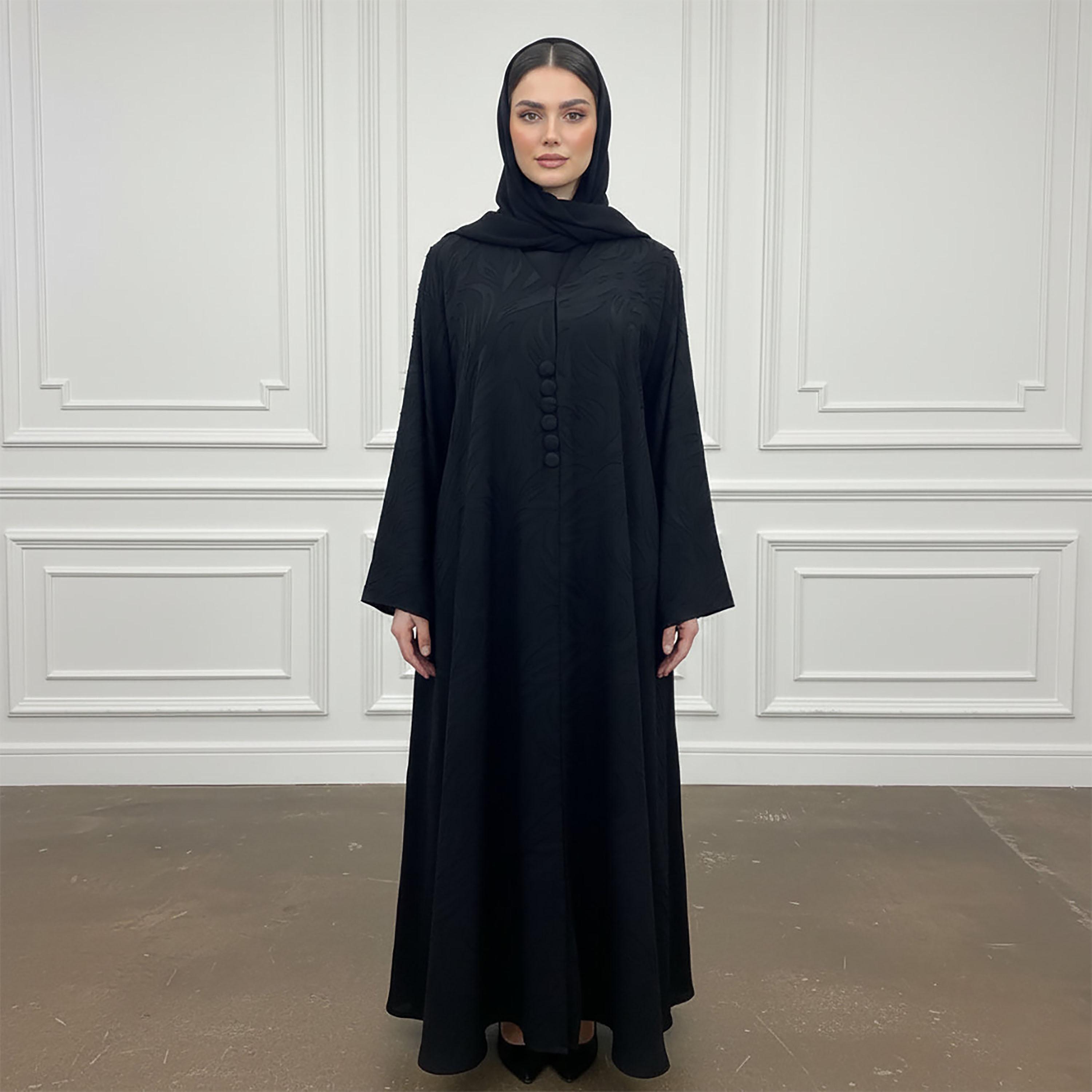 عباءة نسائية جاكار من الشيفون المزدوج بلون أسود مع حجاب من نخبة-women-arabicclothing-abayas-image-1