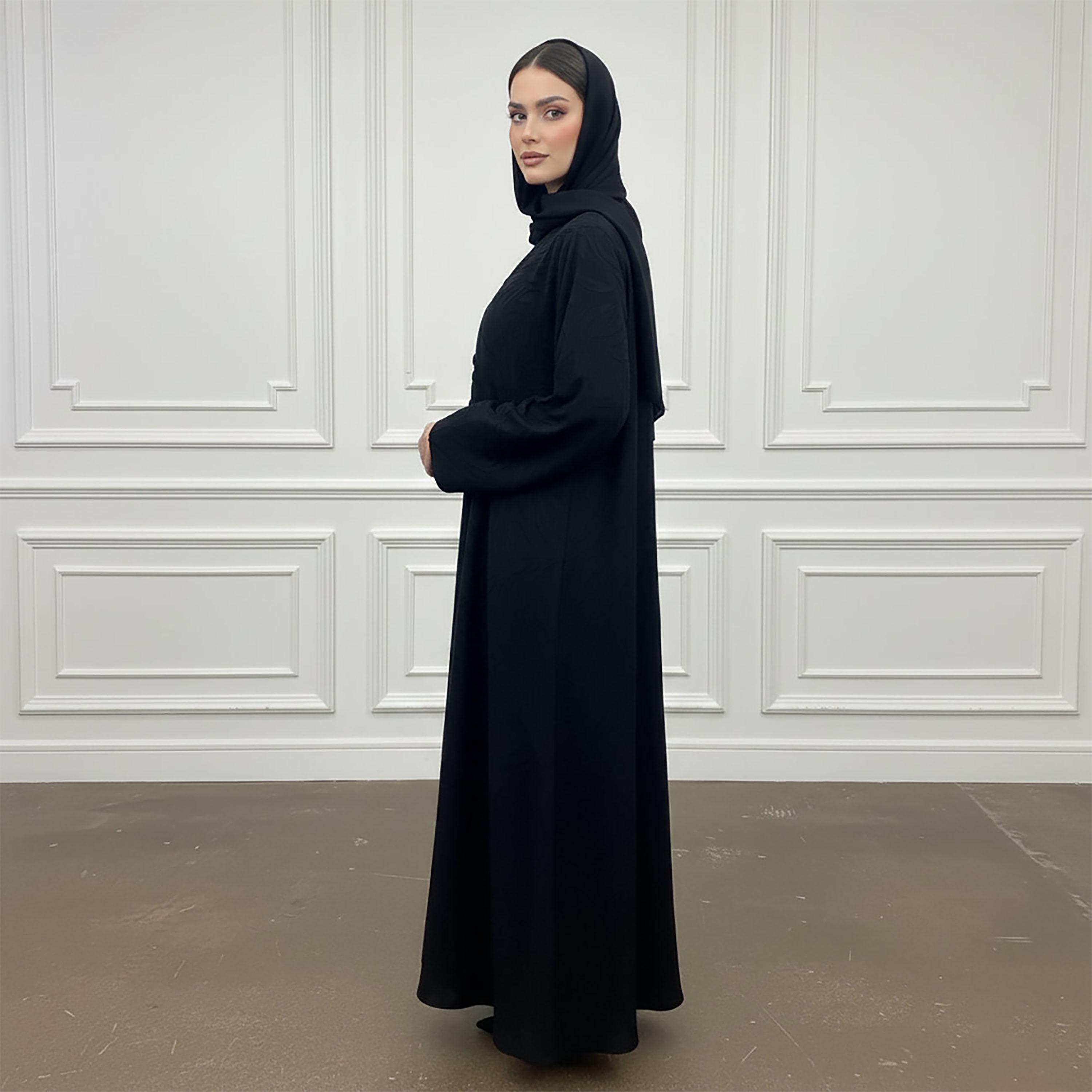 عباءة نسائية جاكار من الشيفون المزدوج بلون أسود مع حجاب من نخبة-women-arabicclothing-abayas-image-4