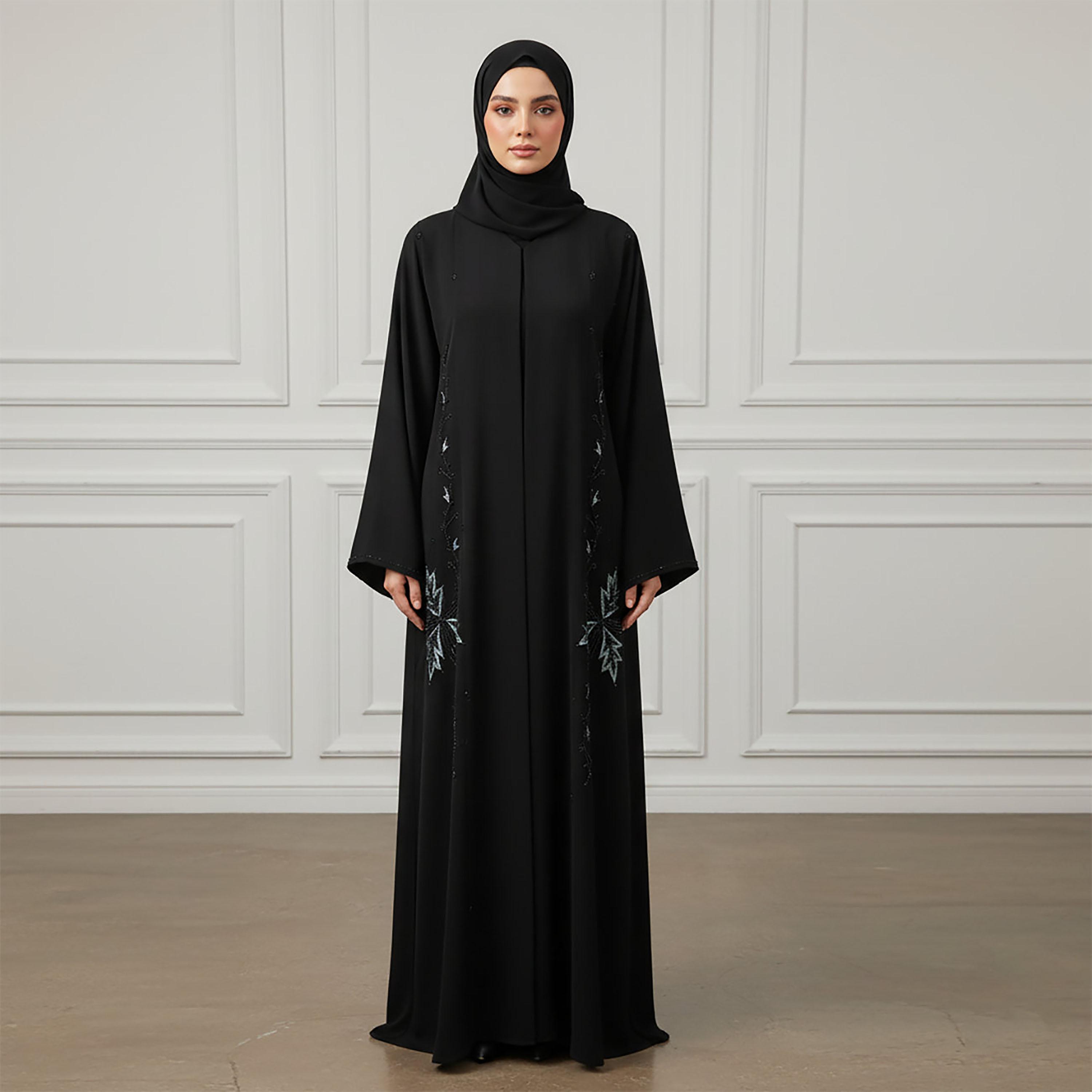 Nukhbaa Black Embroidered Floral Nida Women's Abaya with Hijab-women-arabicclothing-abayas-image-1