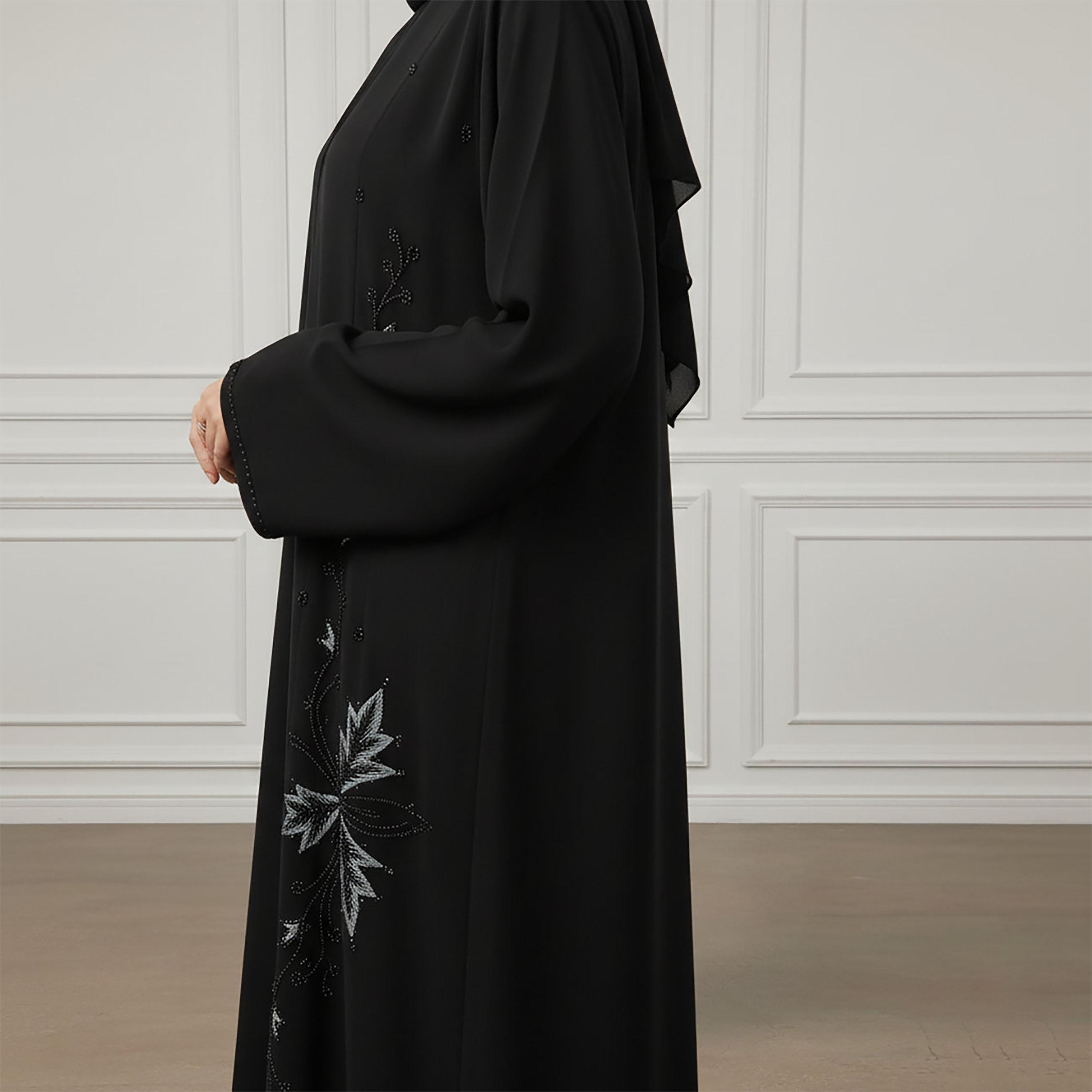 Nukhbaa Black Embroidered Floral Nida Women's Abaya with Hijab-women-arabicclothing-abayas-image-2