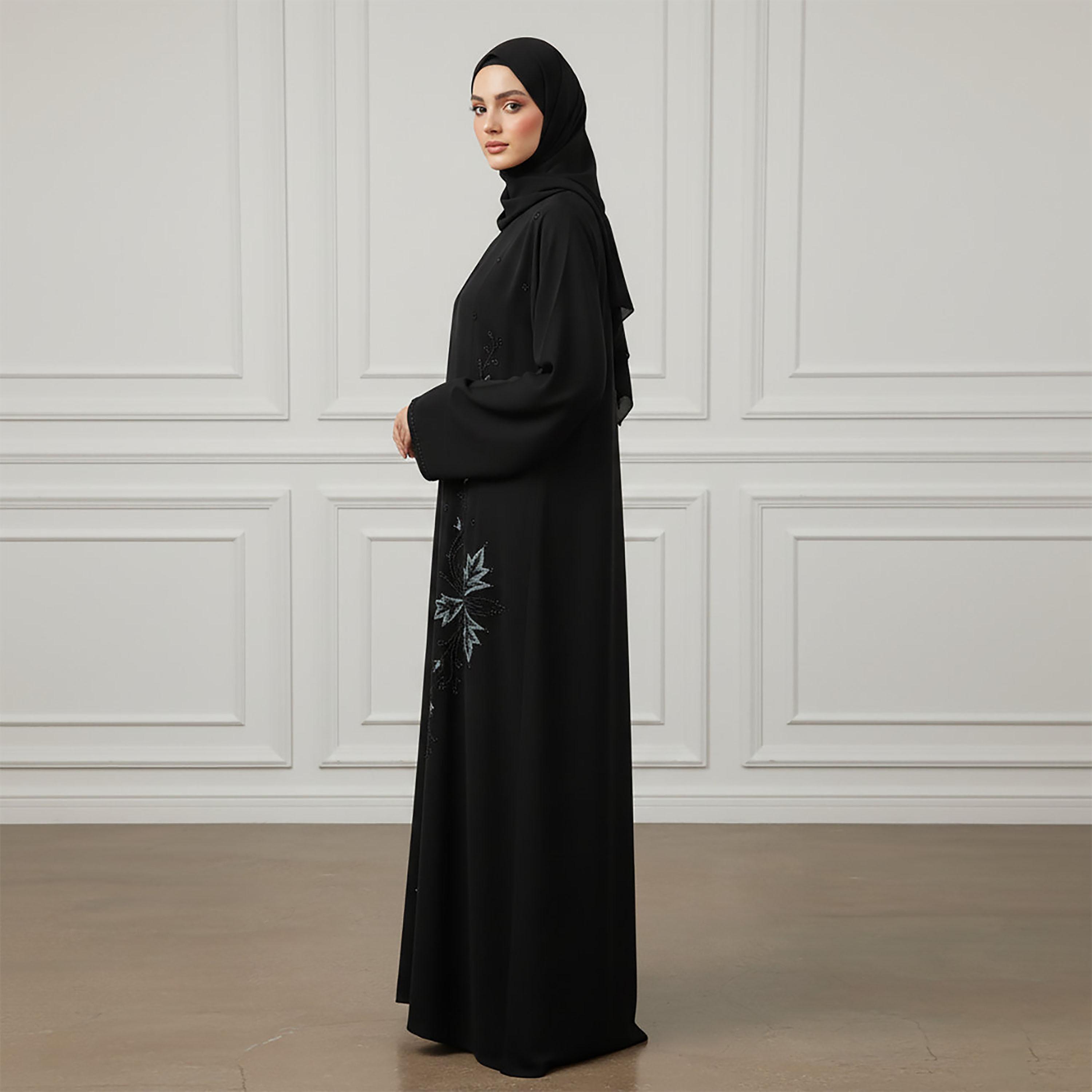 Nukhbaa Black Embroidered Floral Nida Women's Abaya with Hijab-women-arabicclothing-abayas-image-3