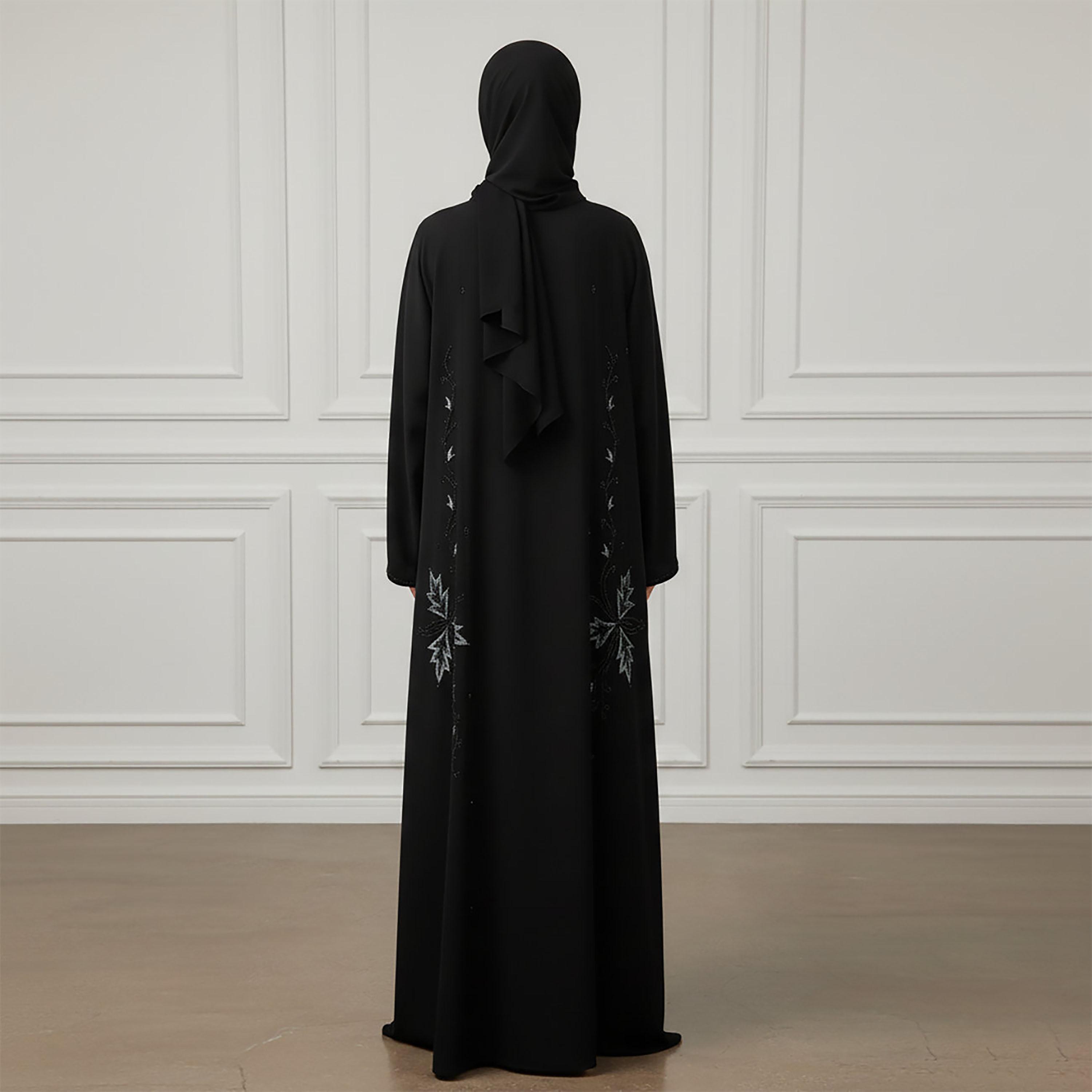 Nukhbaa Black Embroidered Floral Nida Women's Abaya with Hijab-women-arabicclothing-abayas-image-4