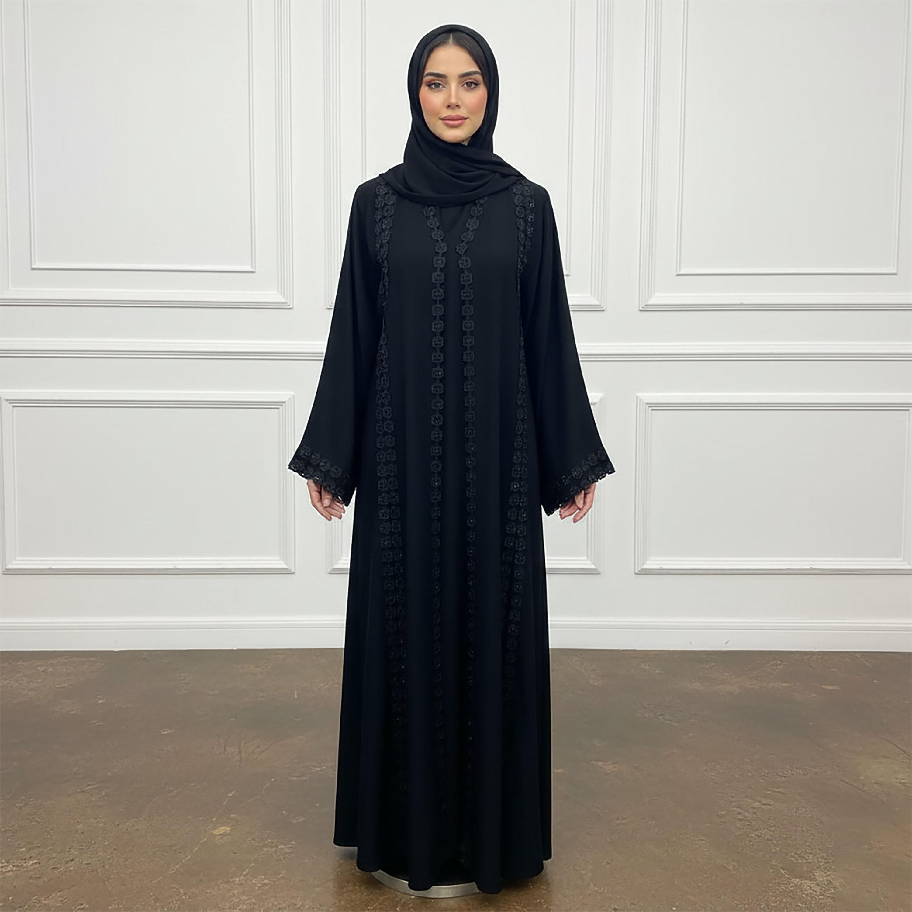 عباية نسائية بأكمام "لوس" وفتحة رقبة "سكوير" مع حجاب - رمادي من نخبة-women-arabicclothing-abayas-image-1