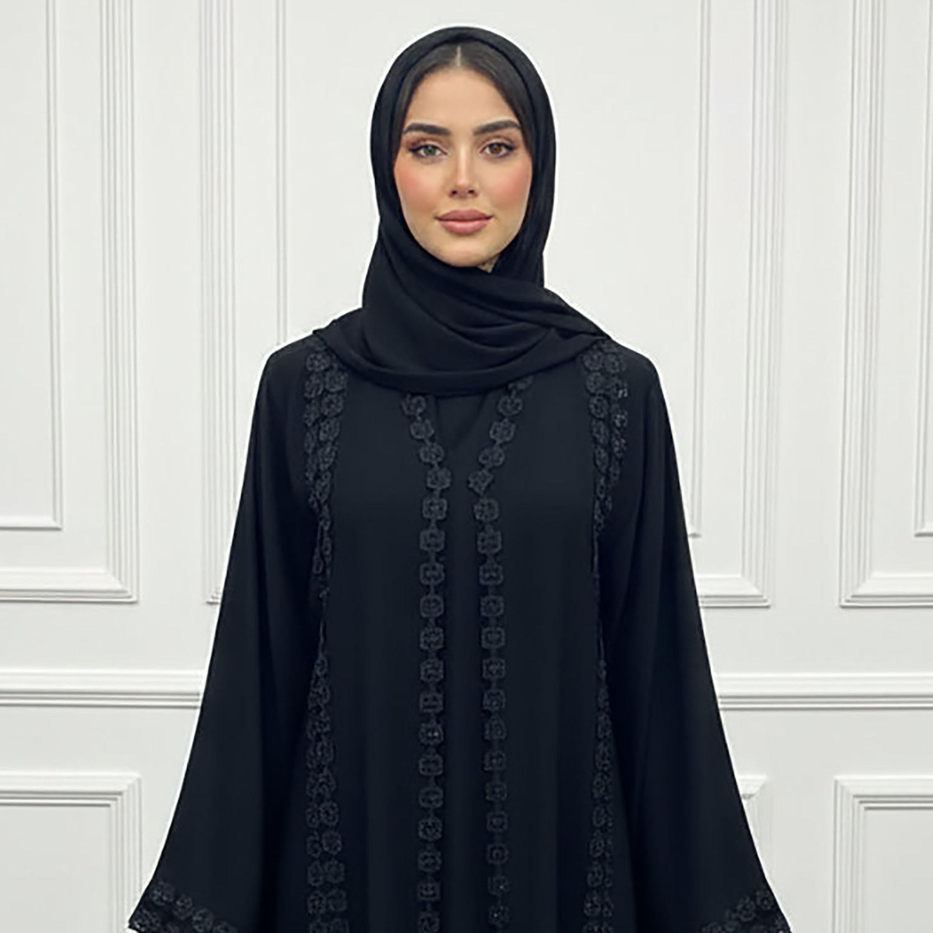 عباية نسائية بأكمام "لوس" وفتحة رقبة "سكوير" مع حجاب - رمادي من نخبة-women-arabicclothing-abayas-image-2