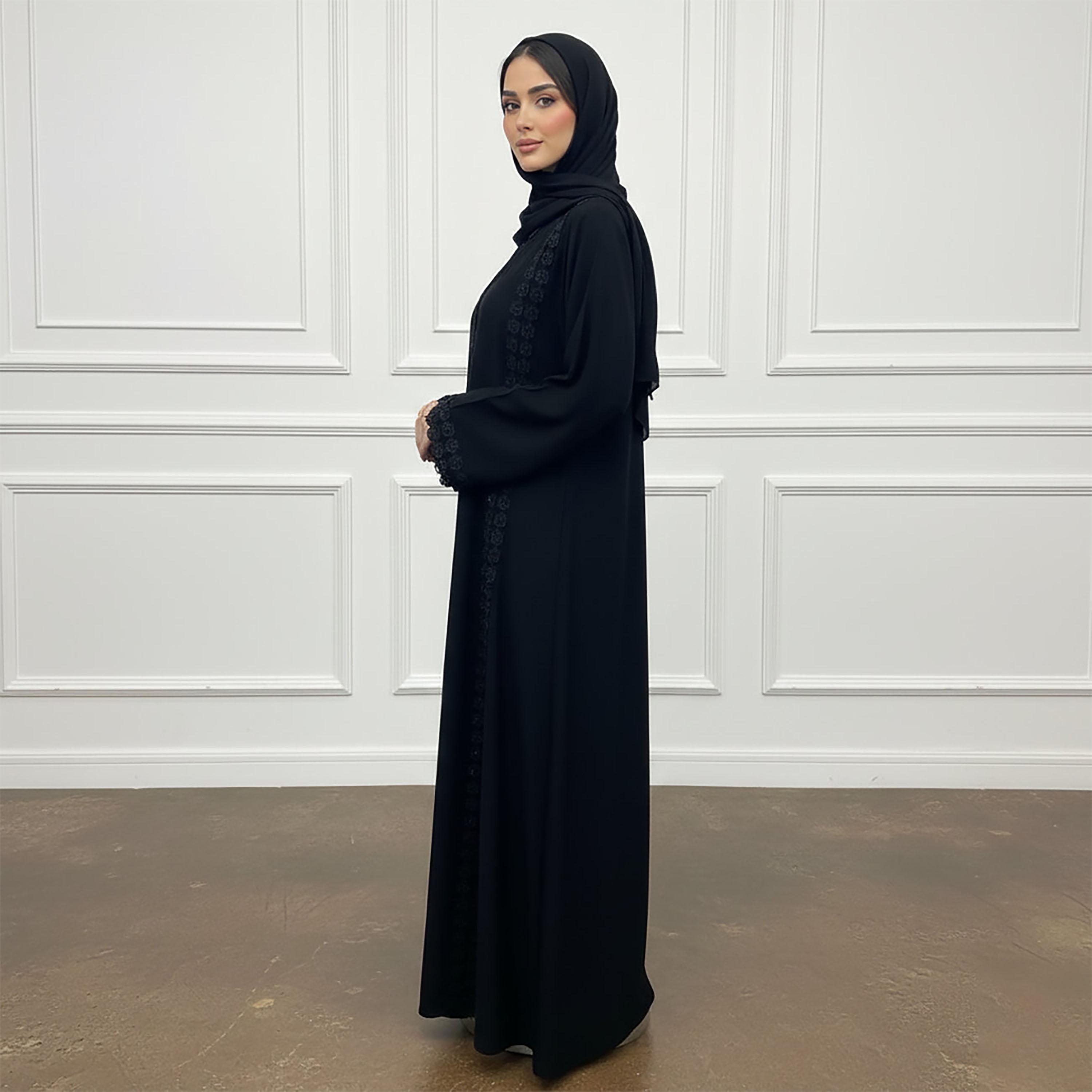 عباية نسائية بأكمام "لوس" وفتحة رقبة "سكوير" مع حجاب - رمادي من نخبة-women-arabicclothing-abayas-image-3
