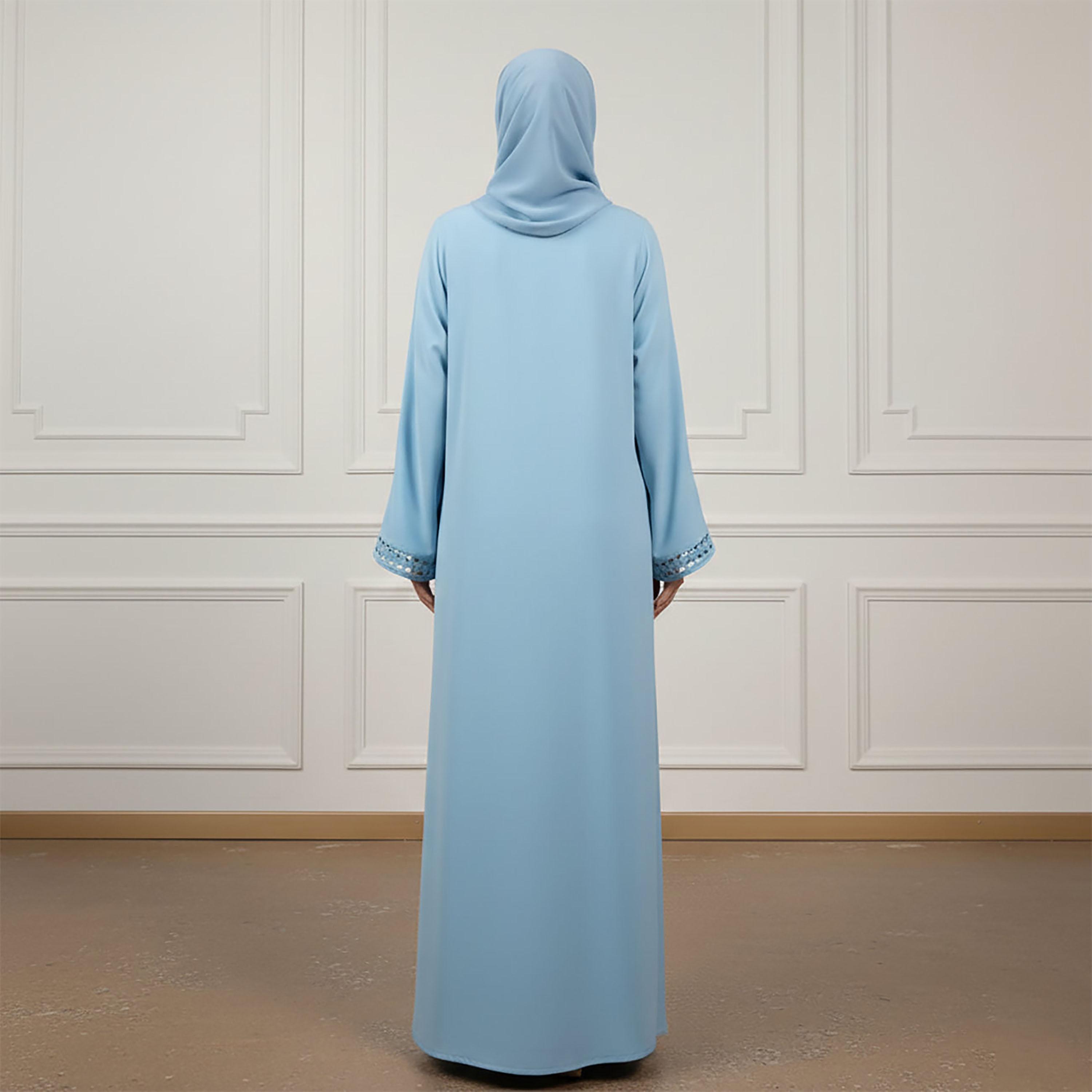 عباءة نسائية من قماش الندى بتفاصيل دانتيل بلون أزرق مع حجاب من نخبة-women-arabicclothing-abayas-image-4