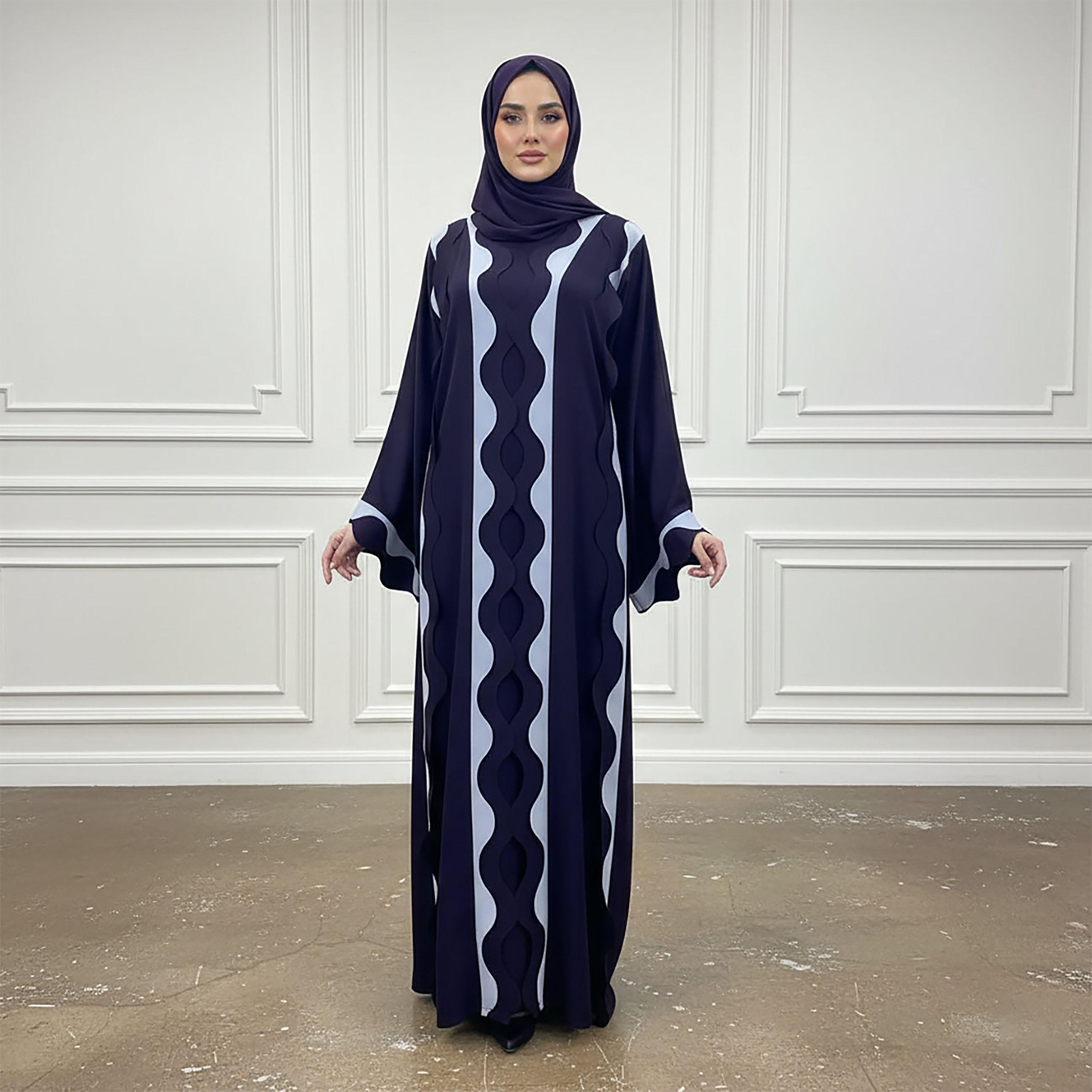 Nukhbaa Navy Blue Scalloped Print Nida Women's Abaya with Hijab-women-arabicclothing-abayas-image-1